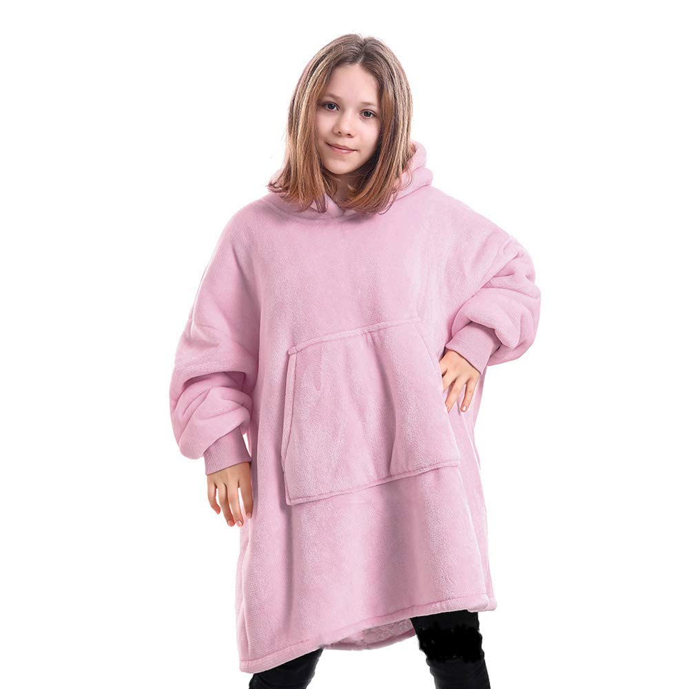 Warm Teens Wearable Blanket Hoodie with Front Pocket - Soft Fluffy Fleece Blanket Sweatshirt in Light Pink & Vibrant Colors - Cozy Winter Wear for Lounging, Movie Nights & Sleepovers