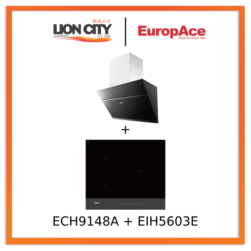 Europace ECH9148A 90cm Premium Stainless Steel Inclined Range Hood + EIH5603E 60cm 5-Zone Induction Cooktop - Modern Kitchen Ventilation & Cooking Solution for Home Chefs