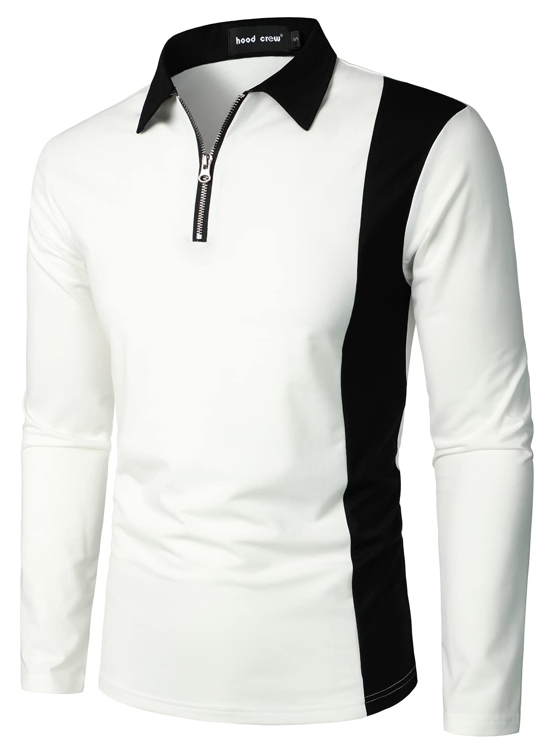Men's Long Sleeve Polo Shirt with Color Block Design & Front Zipper - Stylish Casual Crew Neck T-Shirt for Work, Golf, and Everyday Wear