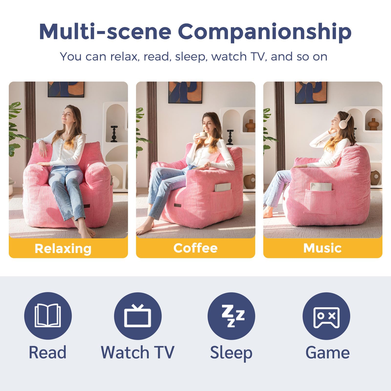 MAXYOYO Tufted Corduroy Bean Bag Chair with Filler - Comfortable Lazy Couch for Adults & Teens in Beige | Perfect for Living Room, Bedroom & Dorm Relaxation