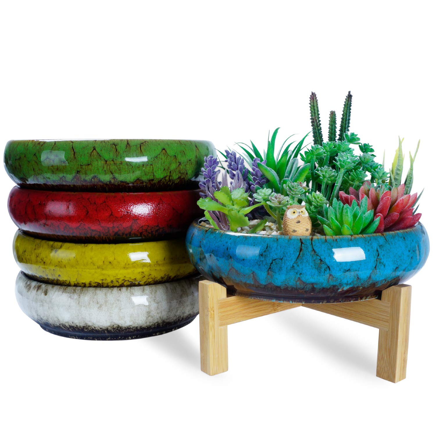 ARTKETTY Large Ceramic Succulent Pots with Drainage Holes - 2.2lb Horticultural Lava Rock Pebbles & Planting Tools Set - Shallow Bonsai Planter for Cactus, Flowers, Indoor Plants | Perfect for Home Decor, Office Desk, Garden & Beginner Gardening