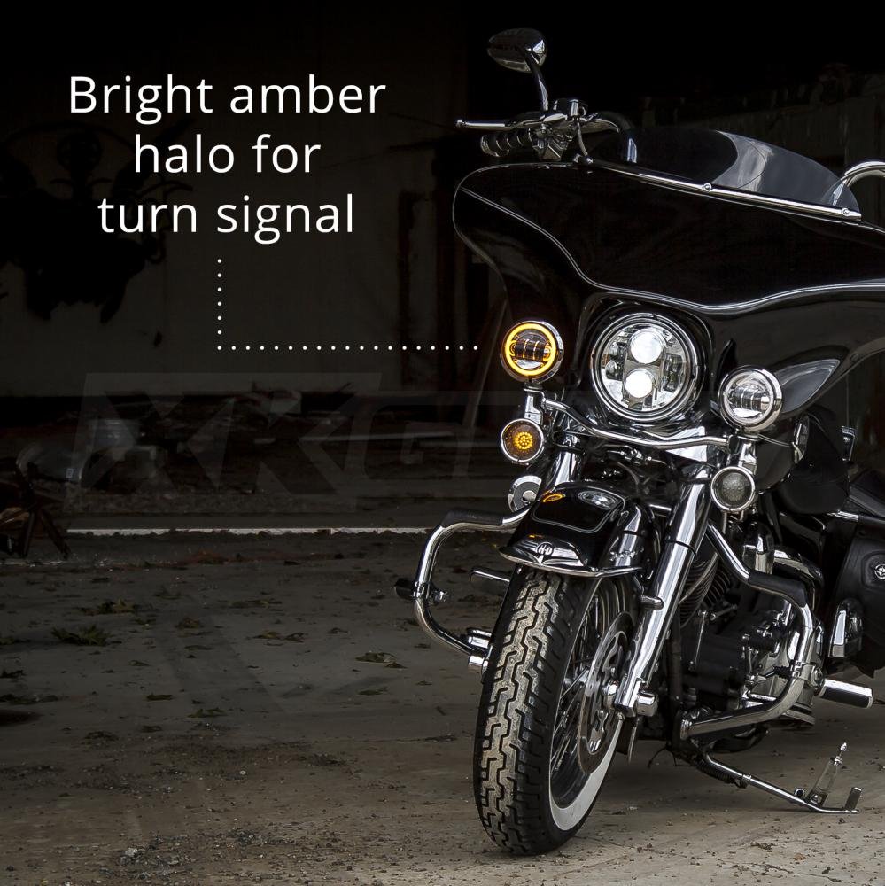 Harley Davidson LED Fog Lights with Amber Halo Turn Signal - Chrome Motorcycle Driving Lights for Touring Bikes (Ultra Classic, Road King, Street Glide, Road Glide, Trike) - Enhance Visibility & Safety for Night Riding & Bad Weather Conditions