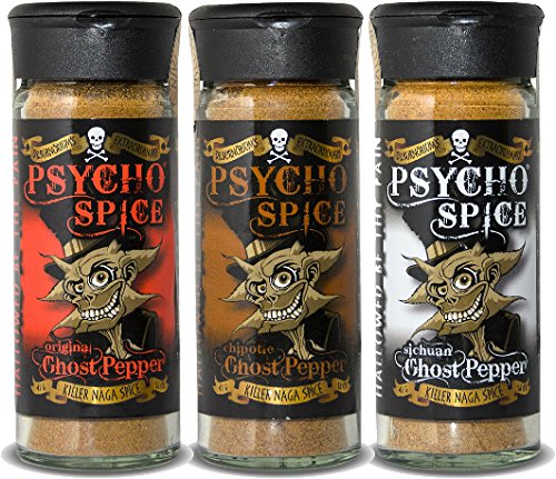 Psycho Spice Combo Pack - 1 Original Ghost Pepper, 1 Chipotle Ghost Pepper, 1 Sichuan Ghost Pepper | Extreme Heat for Cooking, Grilling & Hot Sauce Making