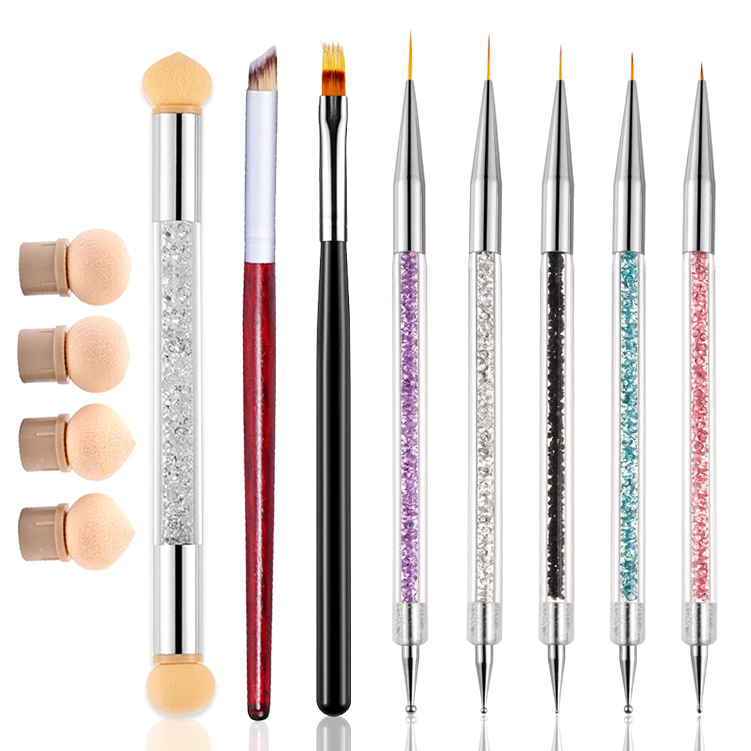 WOKOTO 8-Piece Ombre Nail Brush Set with 4 Nail Sponges - Professional Nail Art Brushes for Gel, Acrylic & Gradient Nails - Includes Liner Brushes & Dotting Tools in Various Sizes - Perfect for Salon, Home Manicures & DIY Nail Art Designs