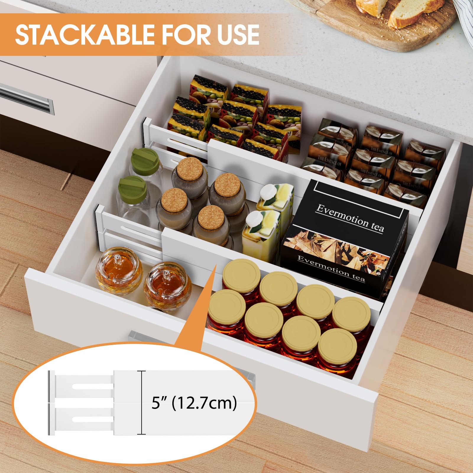 Bamboo Drawer Dividers Organizers 4-Pack - Adjustable Kitchen Drawer Organizer for Clothes, Dresser, Bedroom & Office - White 12-17 Inch | Perfect for Home Organization, Kitchen Utensils & Wardrobe Storage