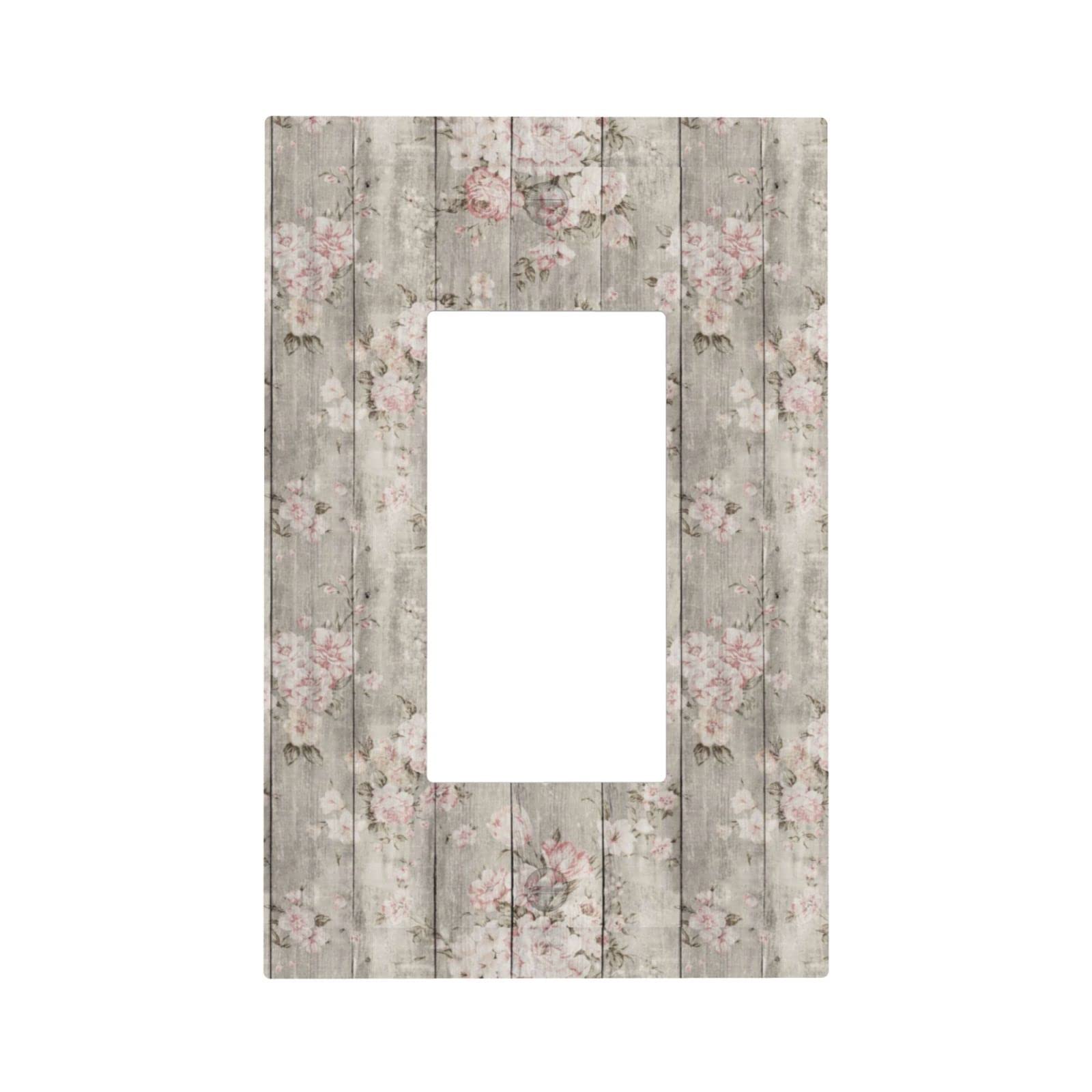 Rustic Farmhouse Wood Texture Floral Light Switch Cover - 1 Gang Mid Size Wall Plate (5 x 3 Inch) - Decorative Rocker Switch Plate for Living Room, Bedroom & Kitchen Decor