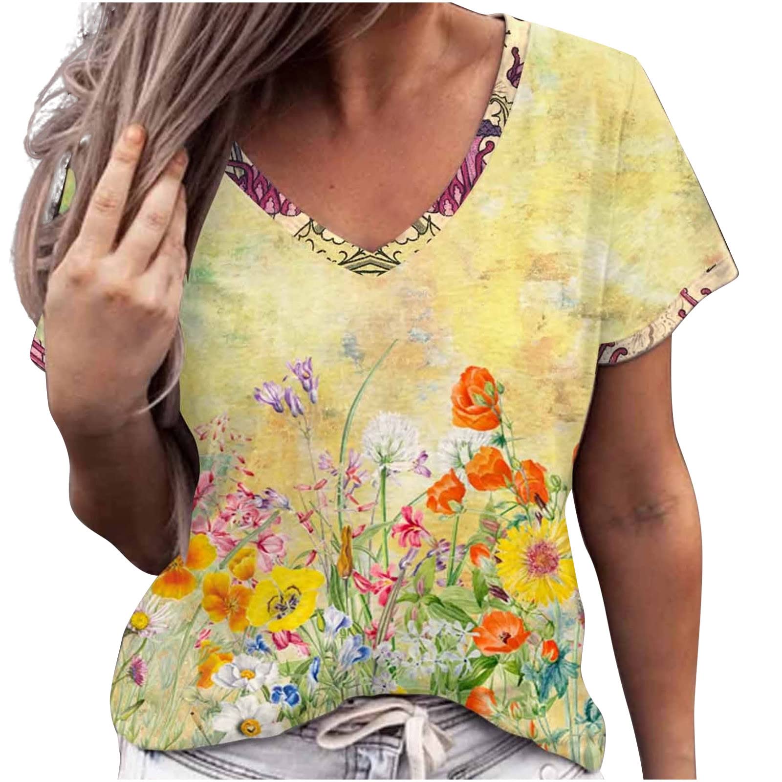 Women's Casual Summer V-Neck Short Sleeve T-Shirt - Trendy Printed Blouse, Loose Fit Tunic Top for Work, Workout & Everyday Wear | Breathable Comfortable Women's Fashion Top
