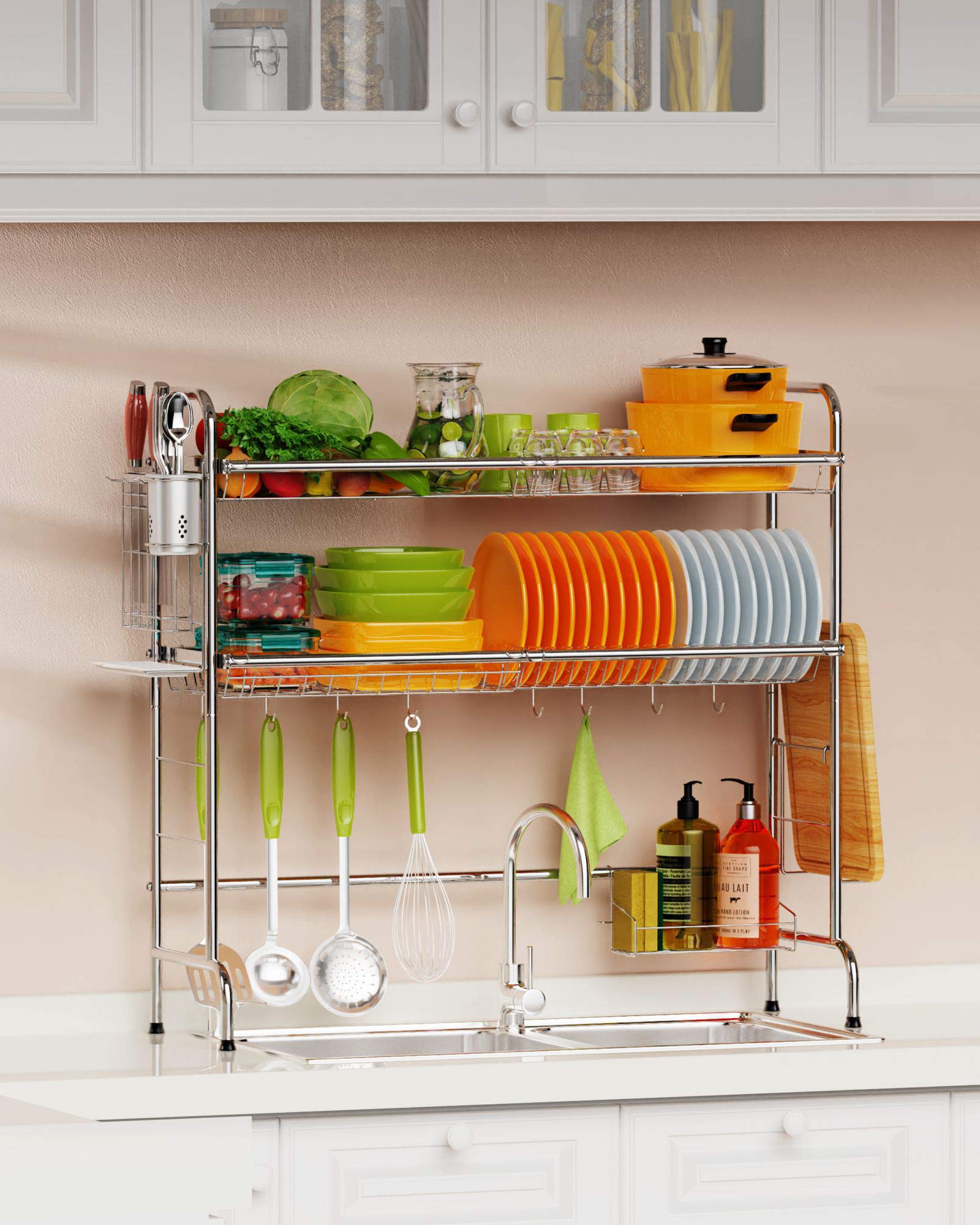 2-Tier Stainless Steel Over The Sink Dish Drying Rack with Utensil Holder Hooks - Large Kitchen Organizer & Above Sink Dish Drainer (Silver) - Perfect for Small Kitchens, Apartments, and Countertop Space Saving