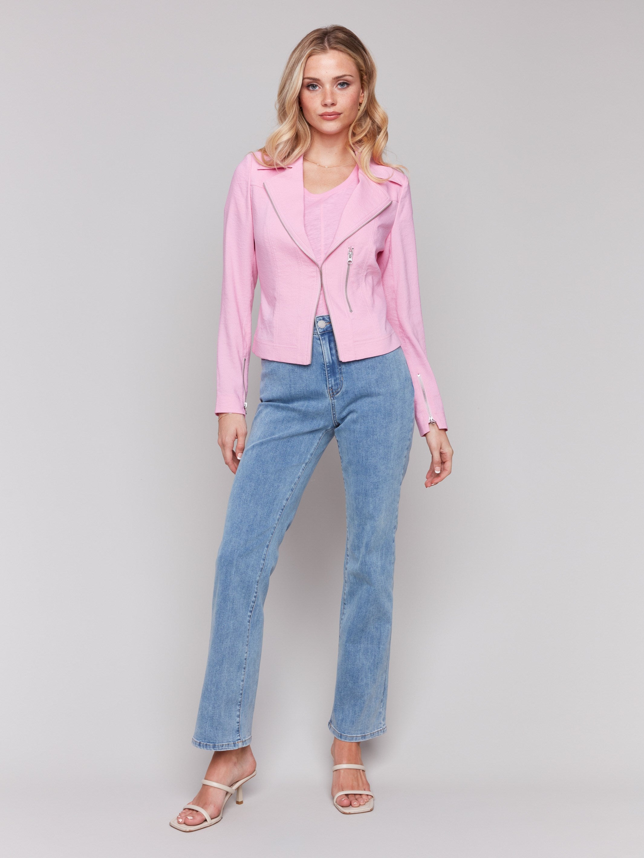 Stylish Crinkle Rayon Biker Jacket in Begonia Pink | Trendy Women's Motorcycle Outerwear for Casual & Night Out