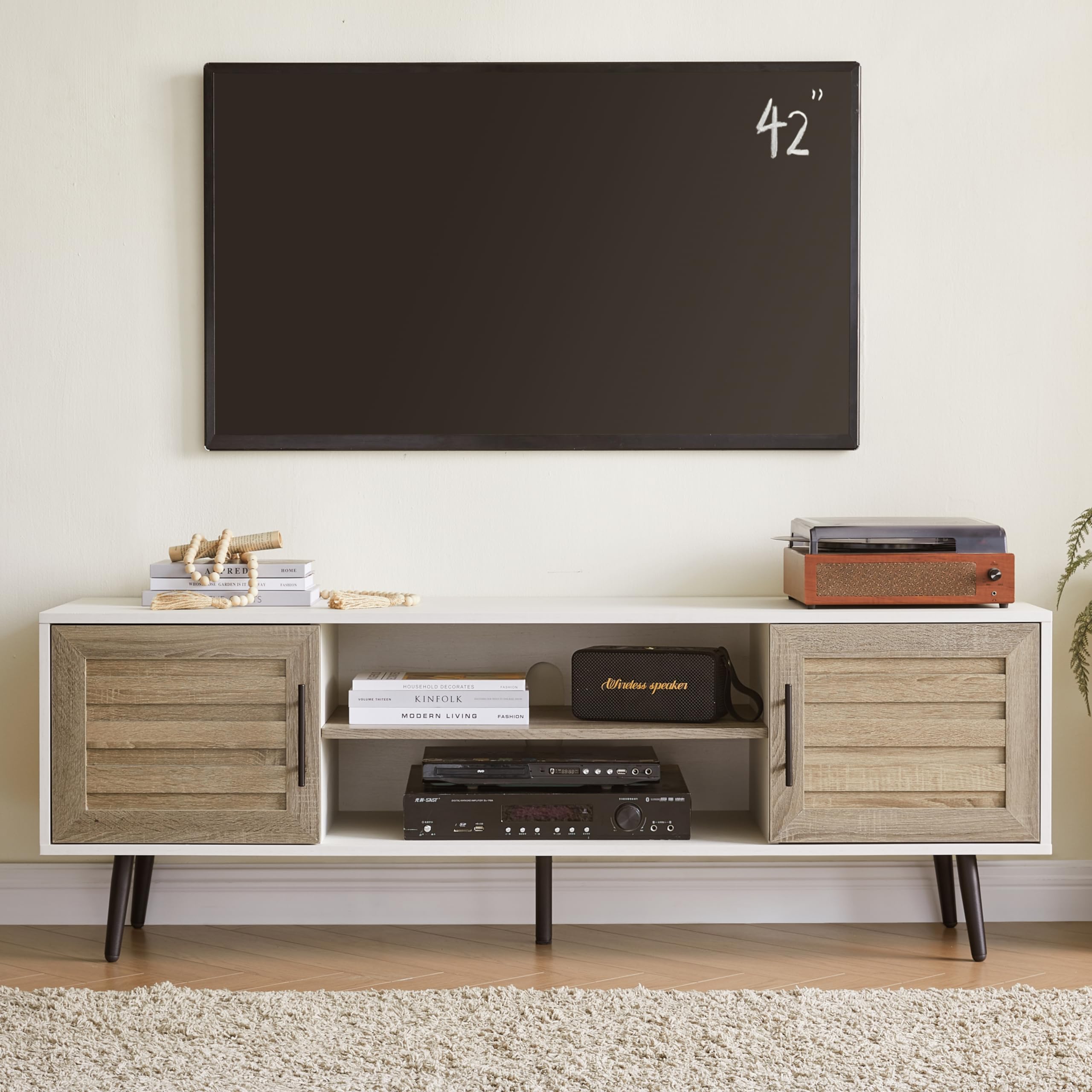 Mid Century Modern TV Stand for 65 Inch TVs - Wood Entertainment Center with Storage Cabinet & Open Shelves - White Walnut TV Console Table for Living Room, Bedroom & Home Theater