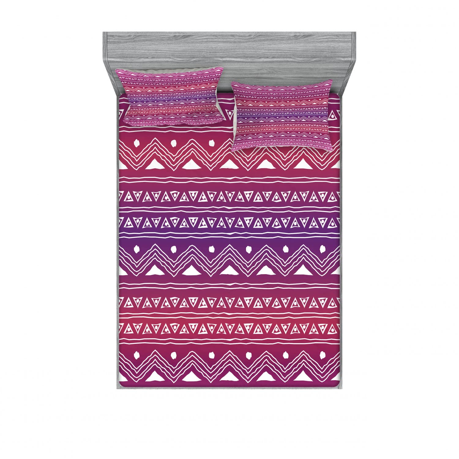 Ambesonne Tribal 2-Piece Queen Size Bedding Set - Geometric Ombre Fitted Sheet & 4 Pillow Shams, Colorful Bohemian Decor for Master Bedroom, Guest Room or Dorm
