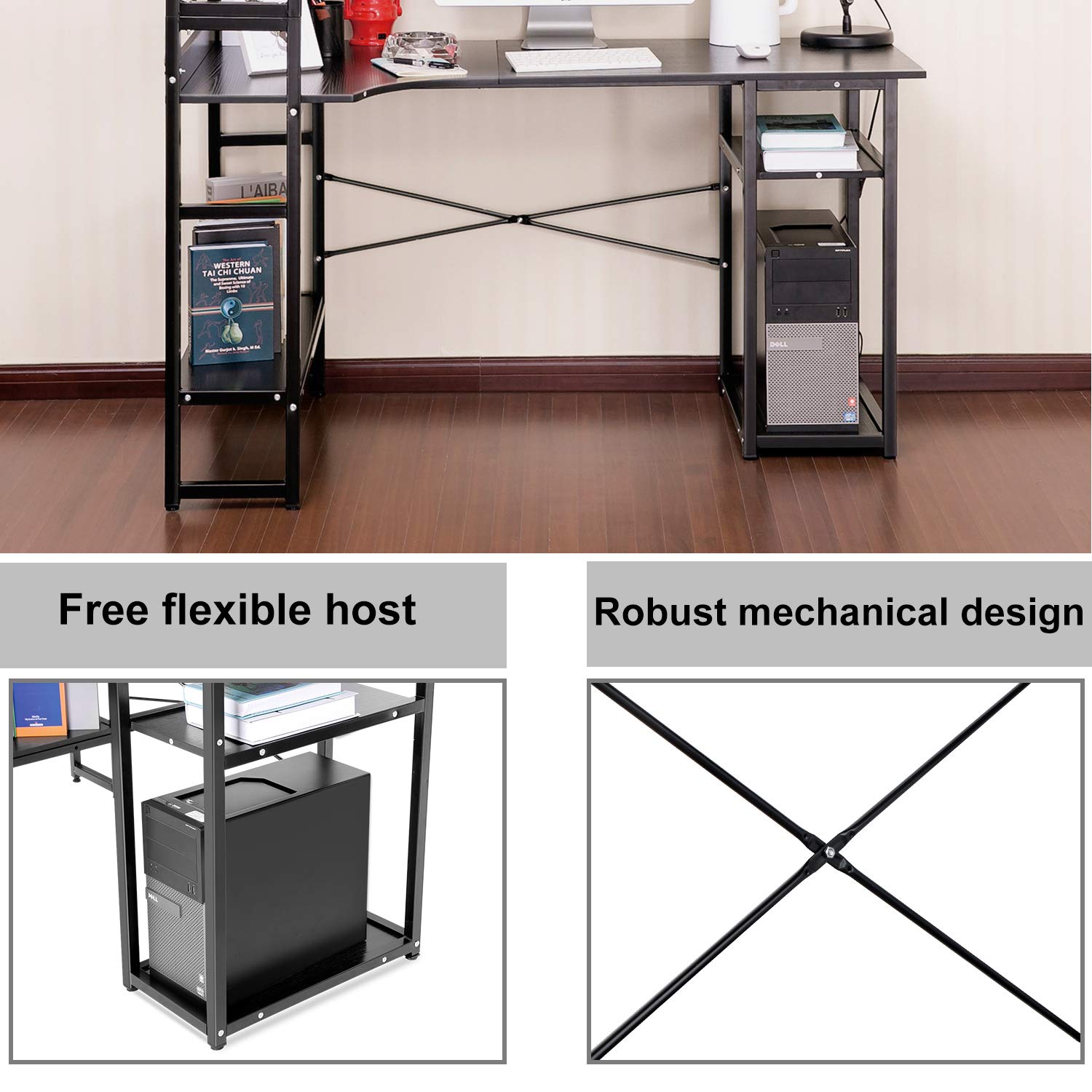 Ergonomic Home Office Computer Desk with 4-Tier Storage Shelves - Black Study Workstation for Writing, PC & Laptop - Perfect for Small Spaces, Dorm Rooms & Remote Work Setup