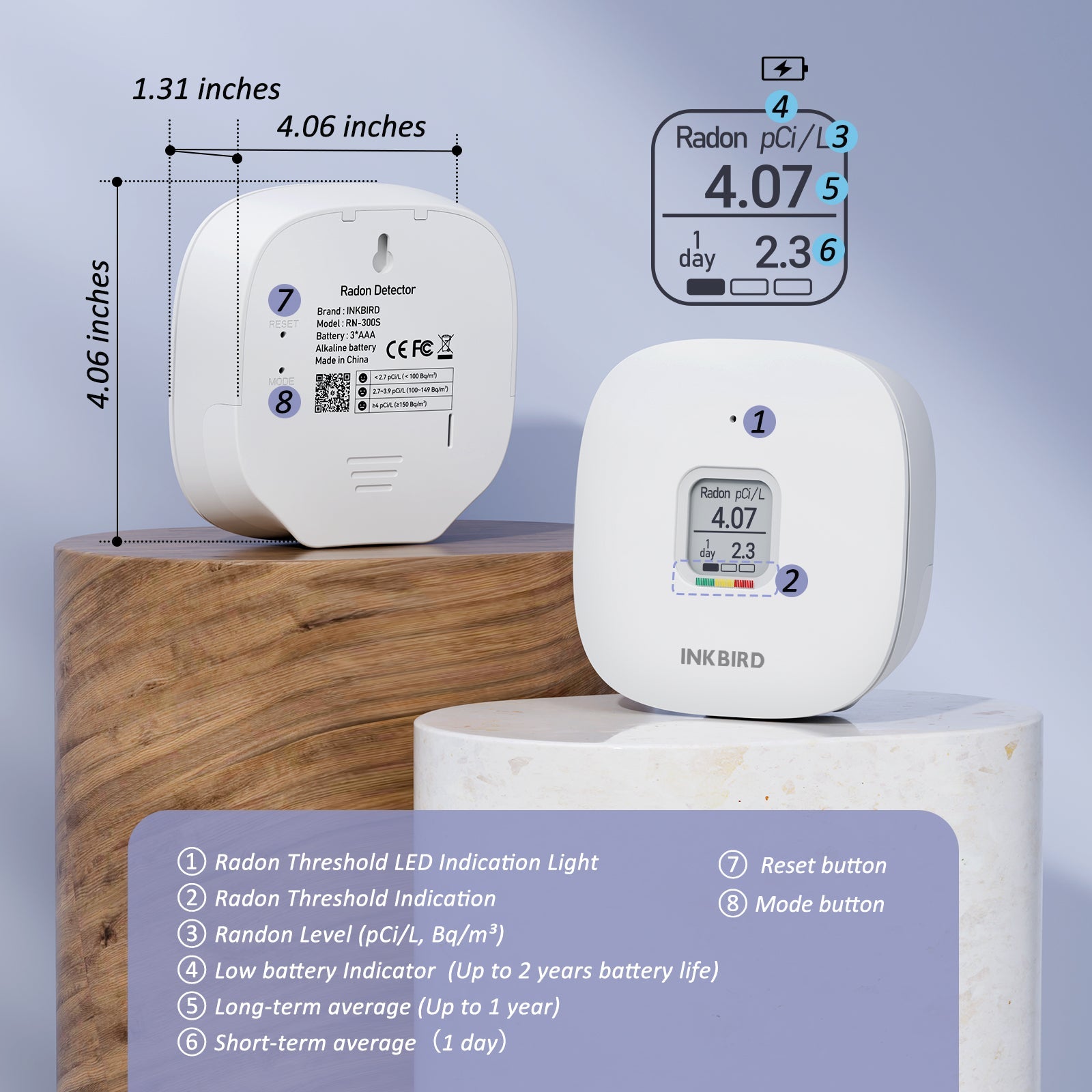 Radon Detector INK RD3 - Digital Radon Gas Monitor with Long-Term Testing | Home & Office Safety