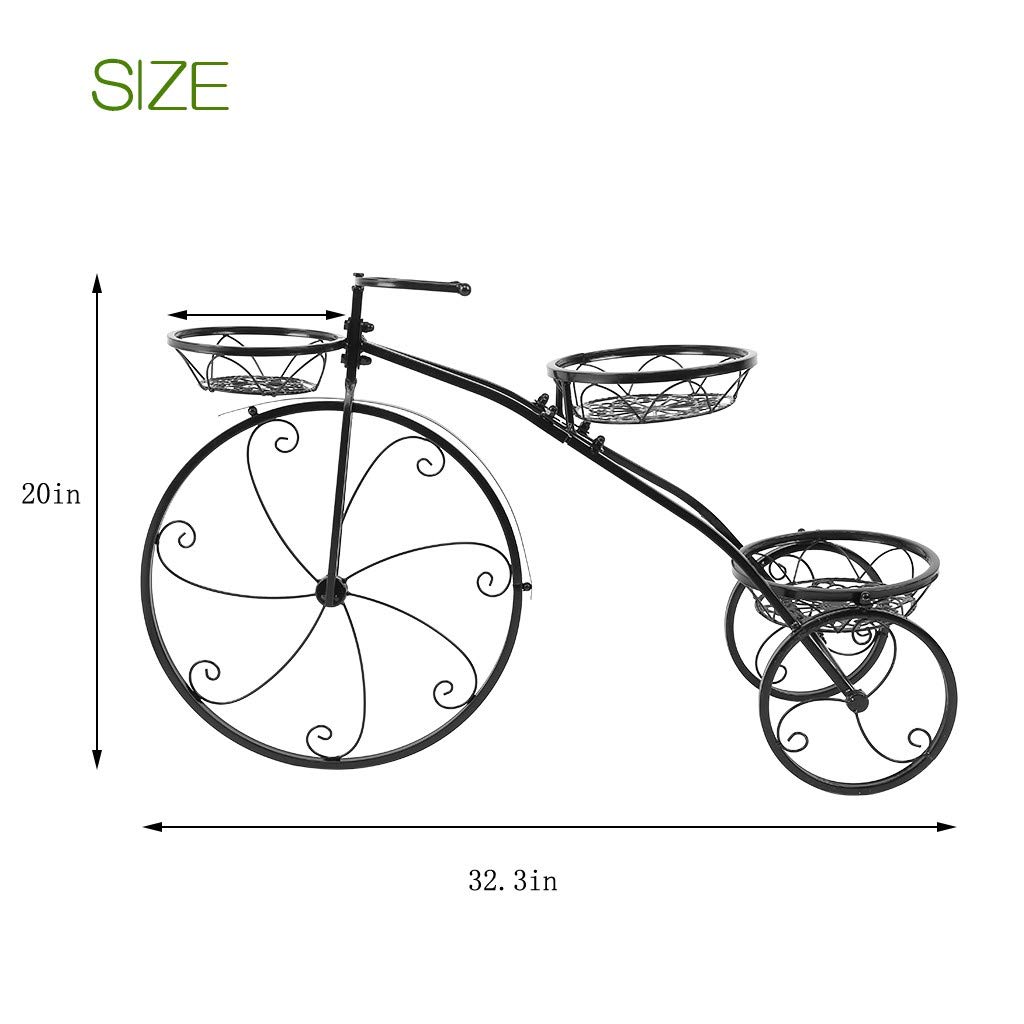 ETHY Parisian Style Black Tricycle Plant Stand - 32.3x20x9.4in Flower Pot Cart Holder for Indoor/Outdoor Use, Perfect for Home Garden, Patio Decor, Housewarming & Mother's Day Gifts for Plant Lovers