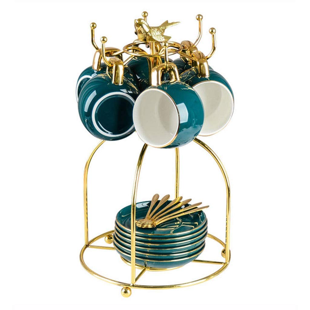 Premium Ceramic Espresso Cups Set - 6 Oz (150ml) with Saucers, Spoons & Gold Bird Holder - Ideal for Coffee, Milk, Tea - Perfect for Home, Office & Afternoon Tea Parties