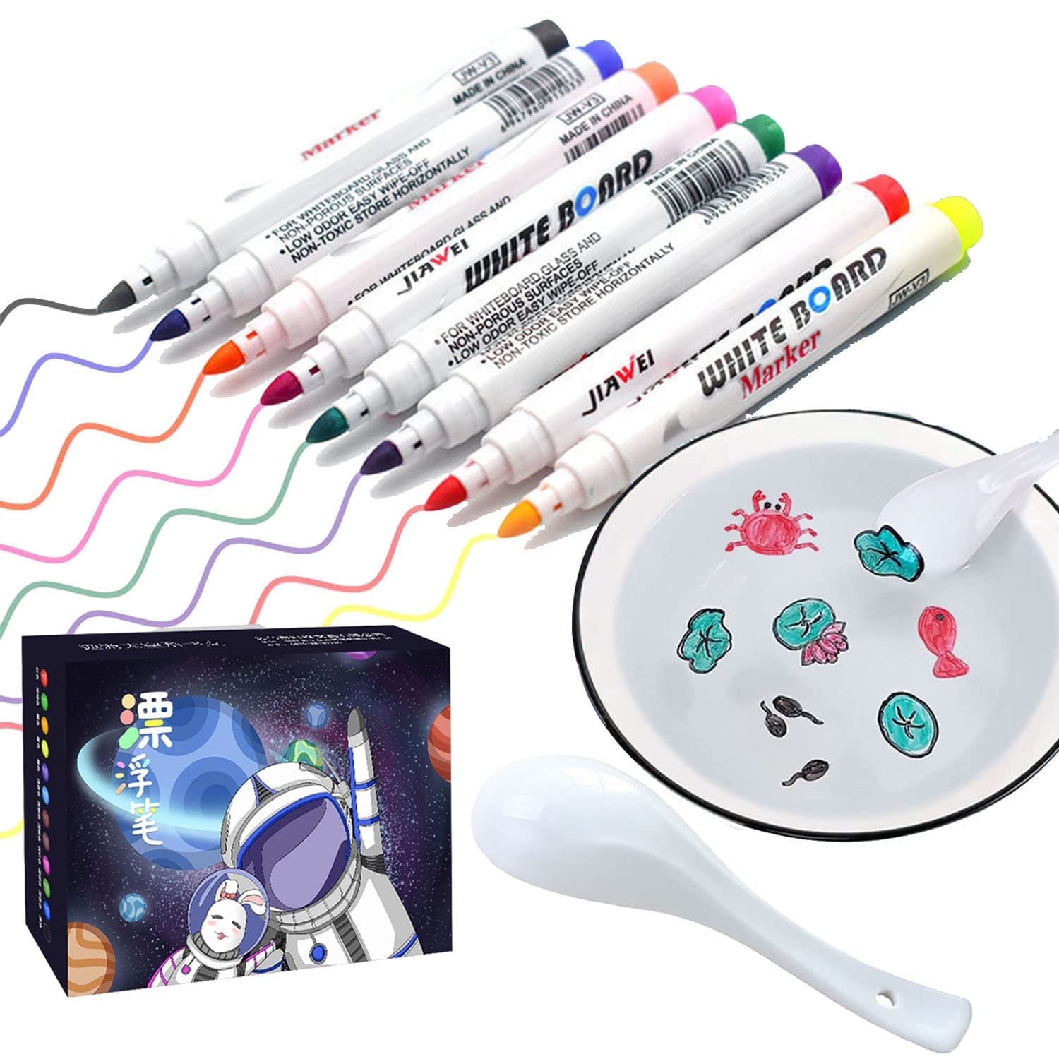 XIALITR Magic Water Floating Ink Pens - Erasable Whiteboard Markers with Spoon for Kids Doodle Drawing | Perfect for Classroom, Home Art & Creative Water Play Activities | Ideal for School Projects, Birthday Gifts & Sensory Play