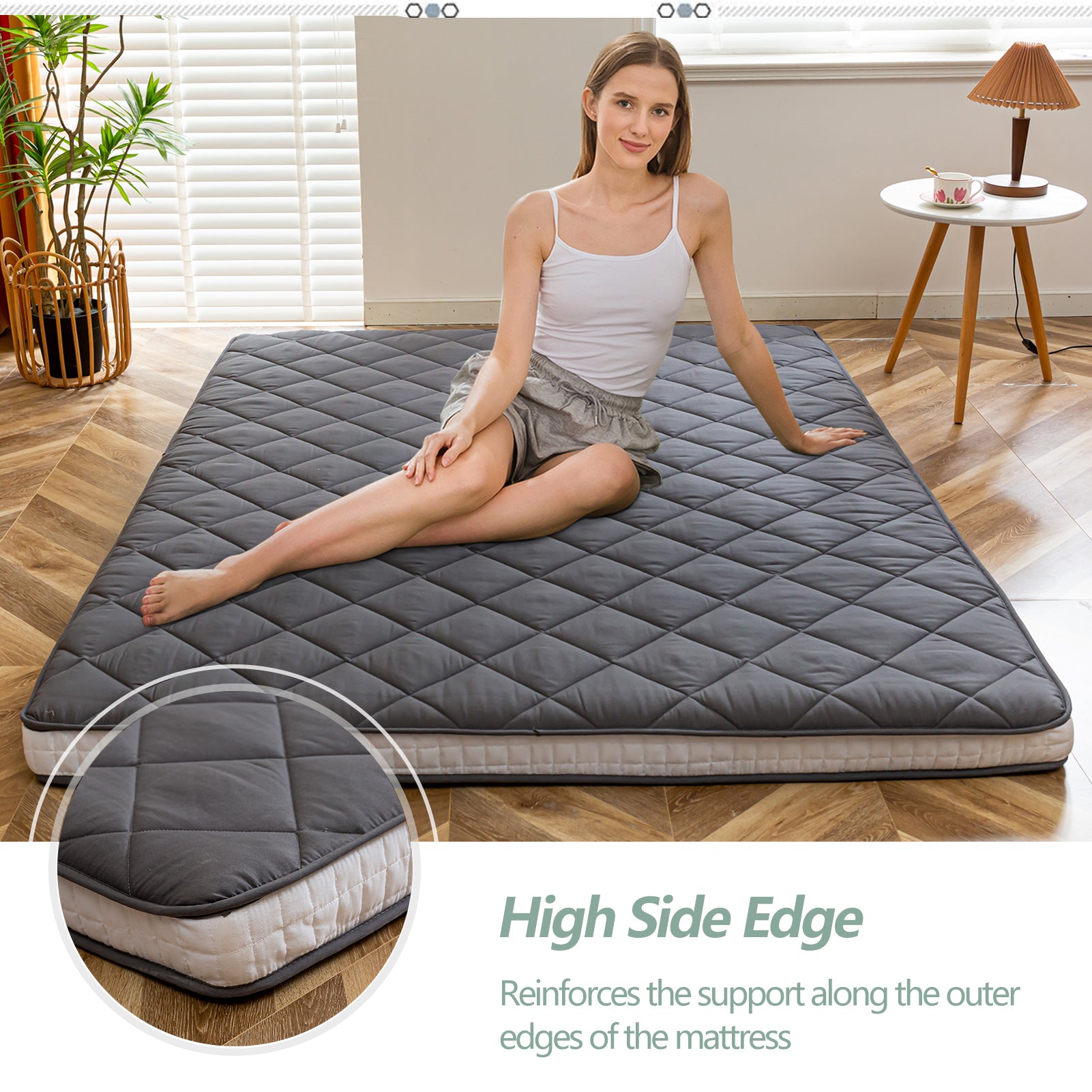 MAXYOYO Diamond Patterned Padded Japanese Futon Bed - Extra Thick Floor Mattress & Quilted Mattress Topper in Dark Grey | Perfect for Guest Beds, Small Spaces & Minimalist Home Decor