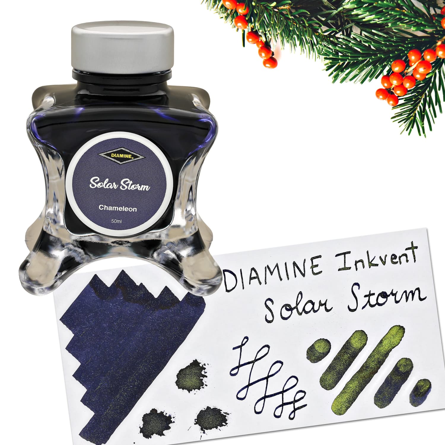 Diamine Inkvent Green Edition Chameleon Bottled Ink - 50mL Solar Storm Shimmering Fountain Pen Ink for Calligraphy & Journaling