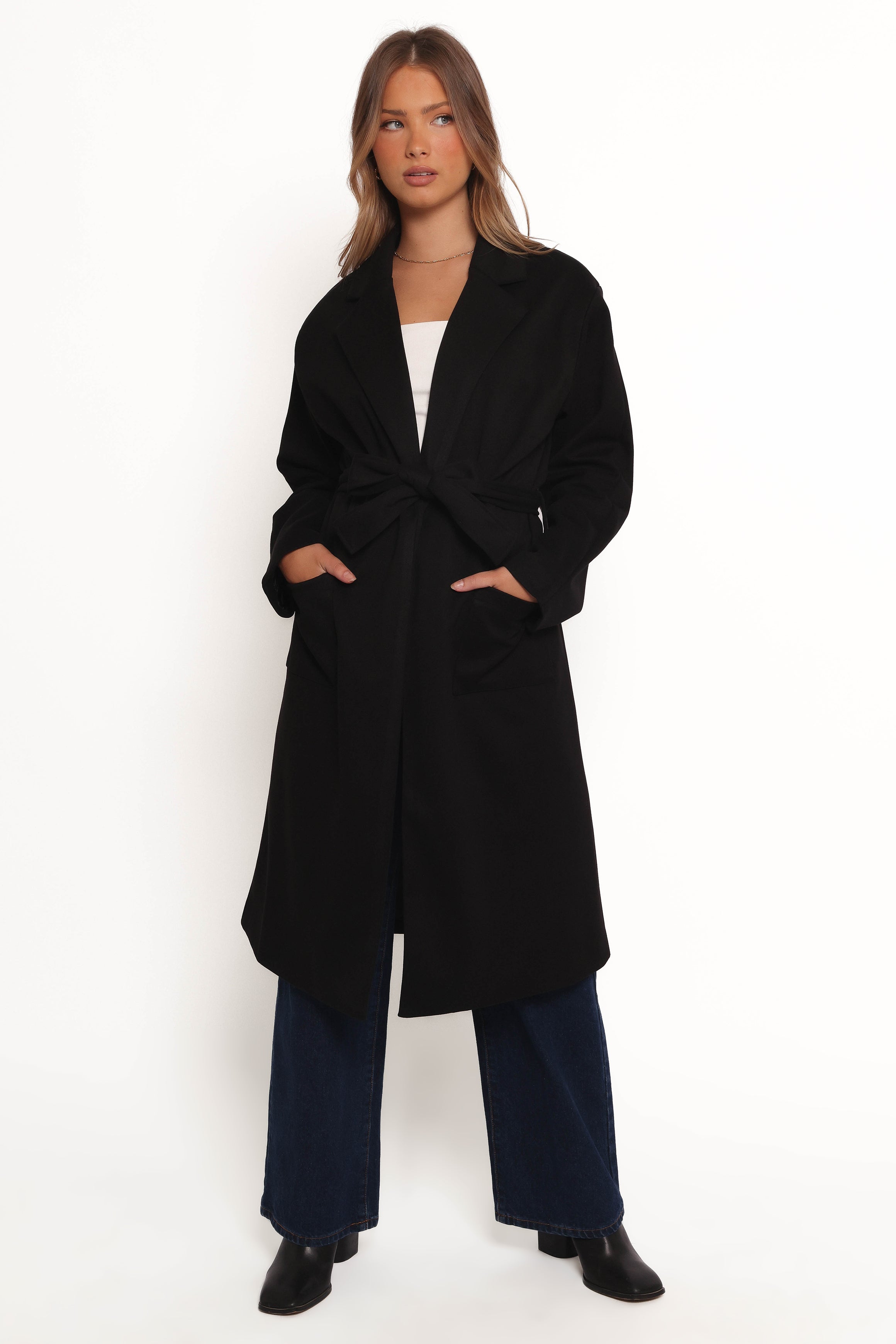 Stylish Kloss Tie Front Long Coat for Women - Elegant Black Outerwear for Fall & Winter | Perfect for Office, Dating & Special Occasions