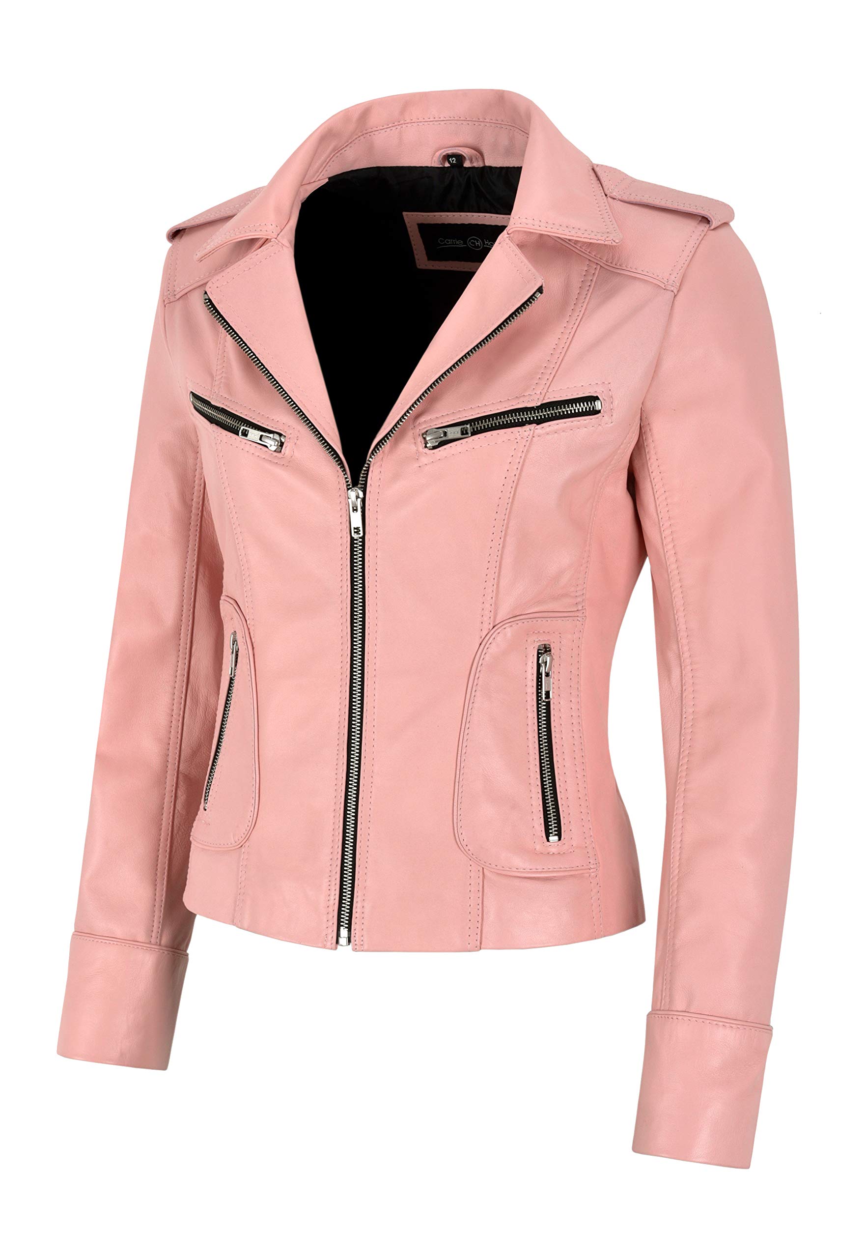 Women's Real Lambskin Leather Jacket - Baby Pink with Black Zipper & Lining | Fashionable Outerwear for Casual Wear, Date Nights & Fall/Winter Style (Model 9823)