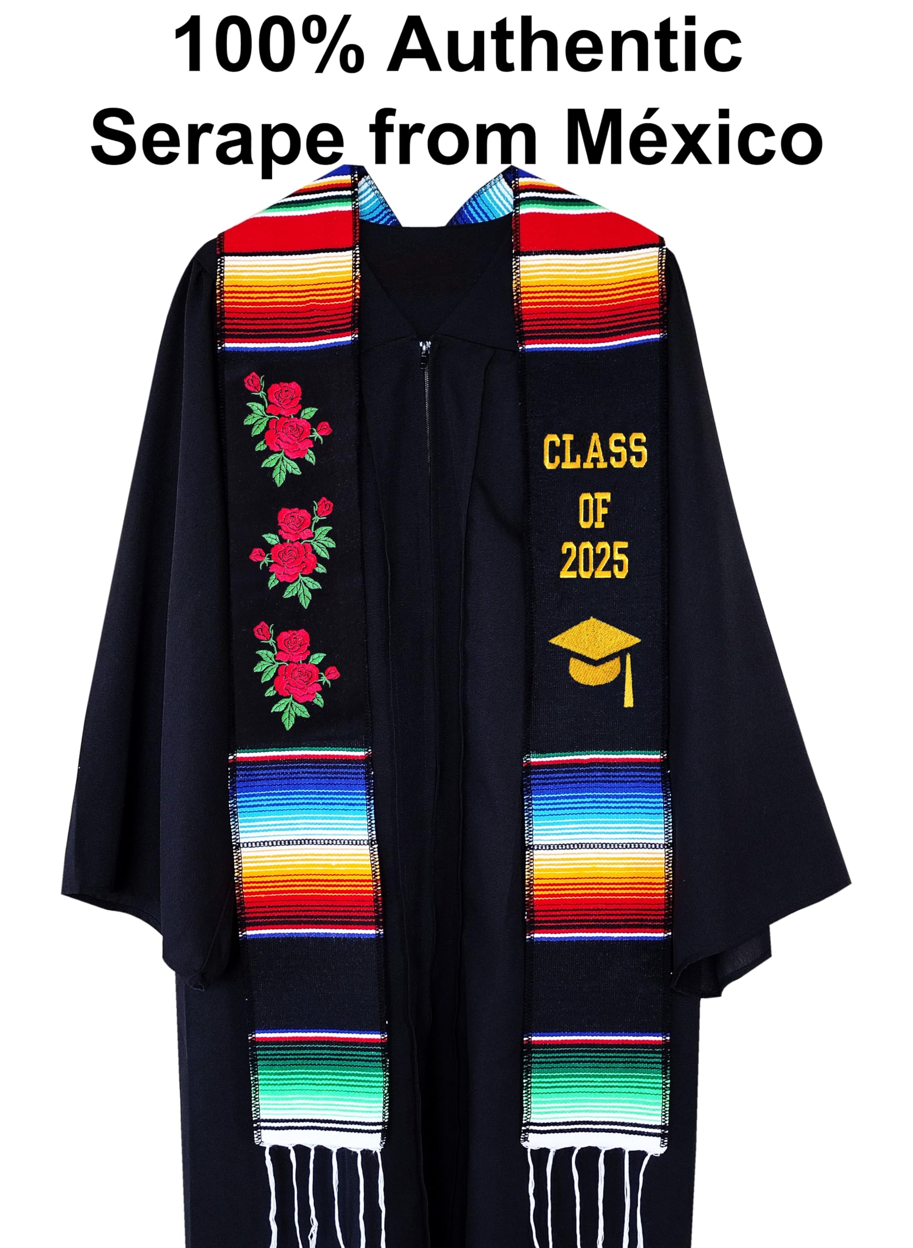 Authentic Mexican Serape Graduation Sash - Class of 2025 Hispanic Stole with Roses | Perfect for High School & College Graduation Ceremonies, Cultural Events & Photo Shoots