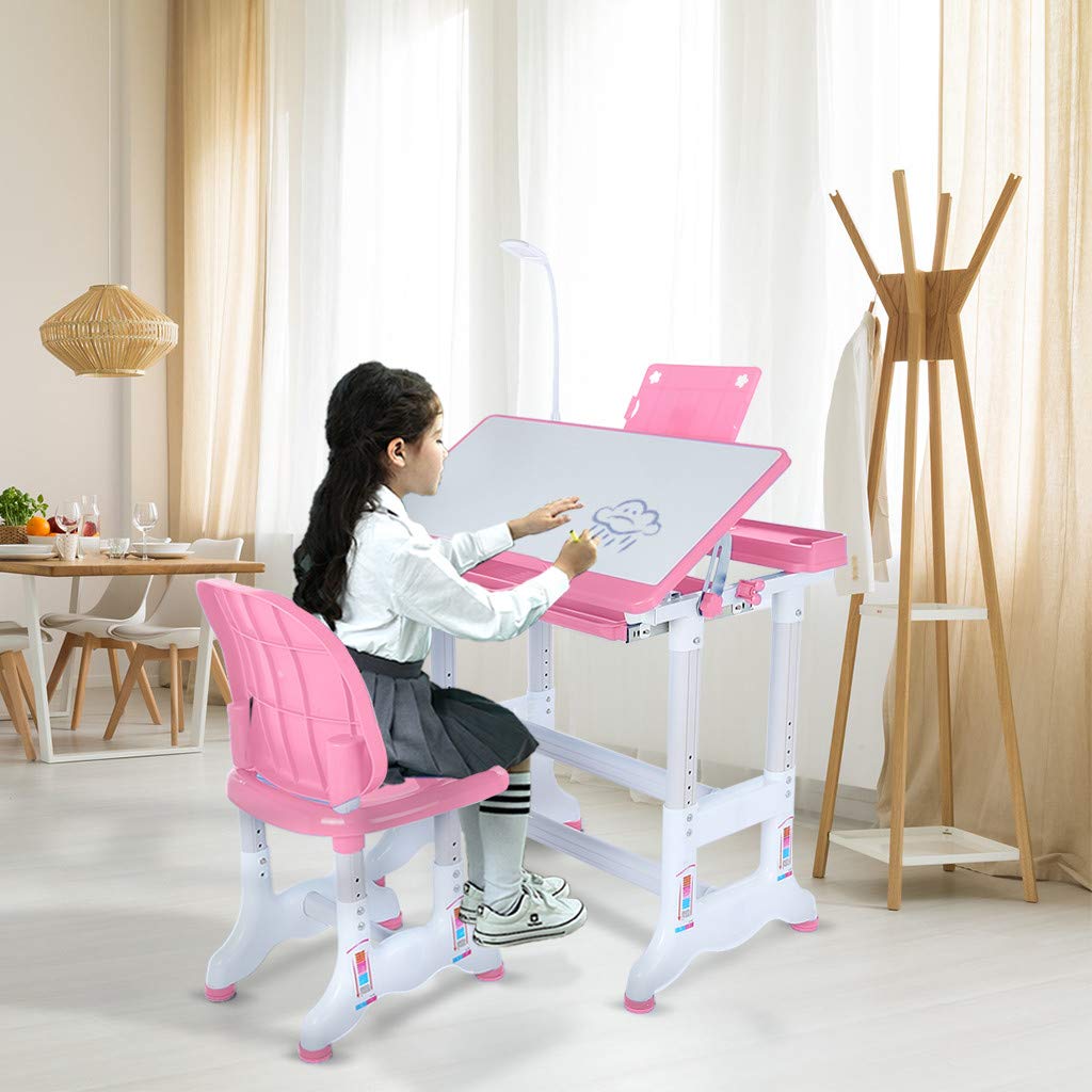 Tengma Adjustable Kids Desk and Chair Set - Ergonomic Study Table with Storage Drawer, Tilted Desktop, Bookstand & Lamp for Children - Perfect for Homework, Reading & Online Learning (Pink)
