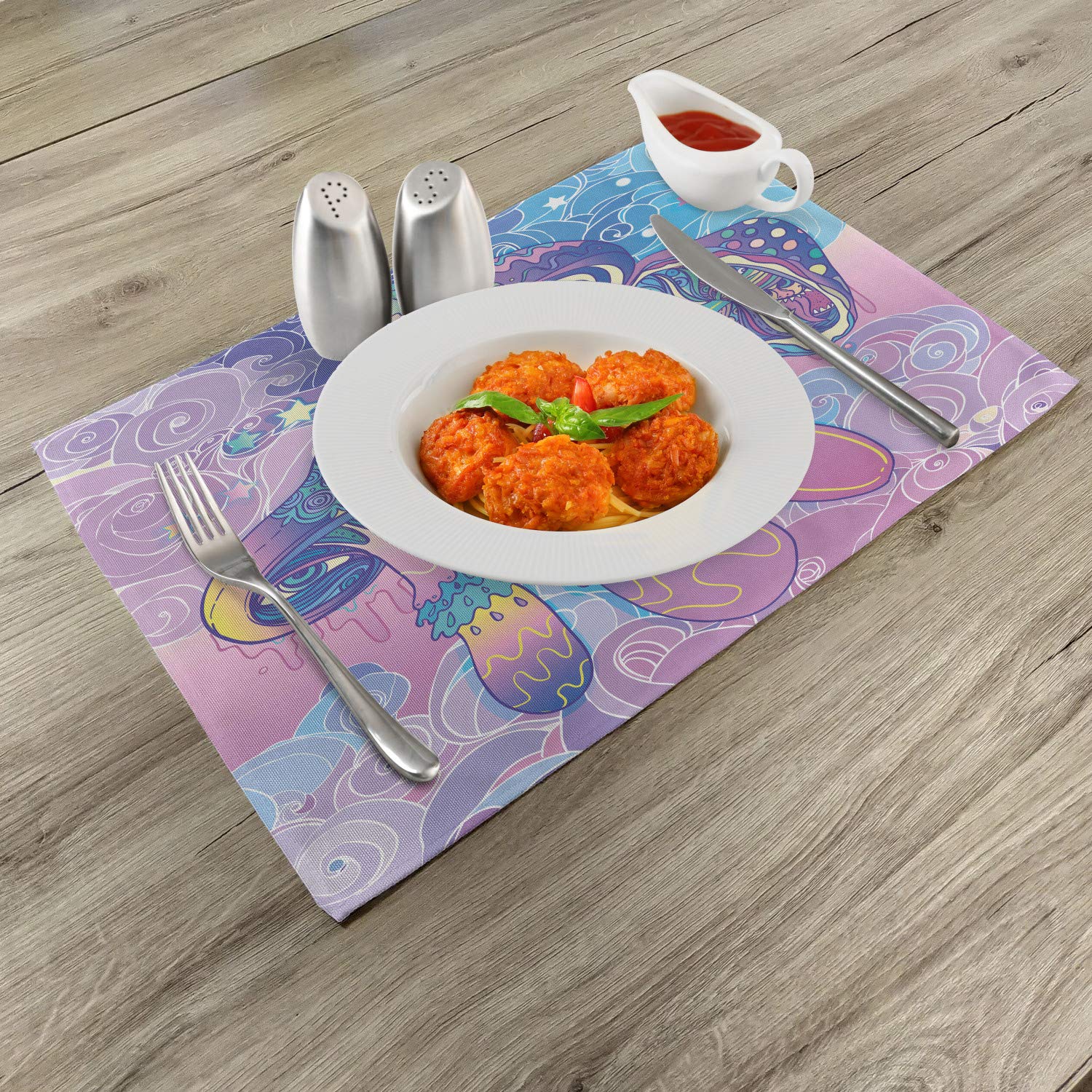 Lunarable Mushroom Place Mats Set of 4 - Psychedelic Hippie Design with Trippy 60s Shamanic Patterns, Washable Fabric Table Mats for Dining Room & Kitchen Decor in Aqua, Pale Pink & Purple | Perfect for Boho Home Decor, Hippie Themed Parties & Retro Kitchen Accessories