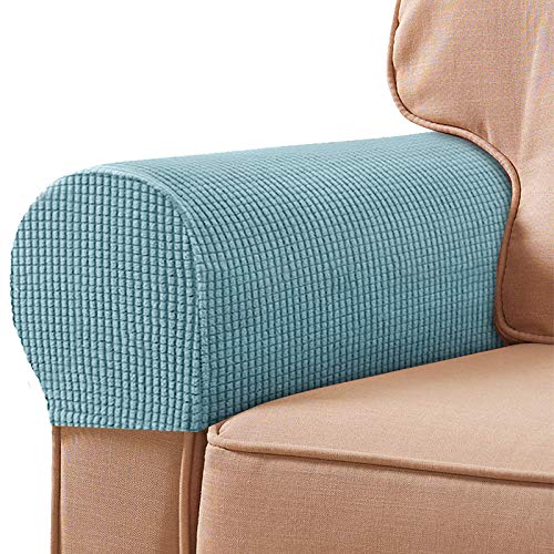 Set of 2 Jacquard Checked Stretch Armrest Covers - Light Blue Washable Anti-Stain Furniture Protectors for Sofa, Recliner & Couch | Perfect for Living Room, Office & Home Decor