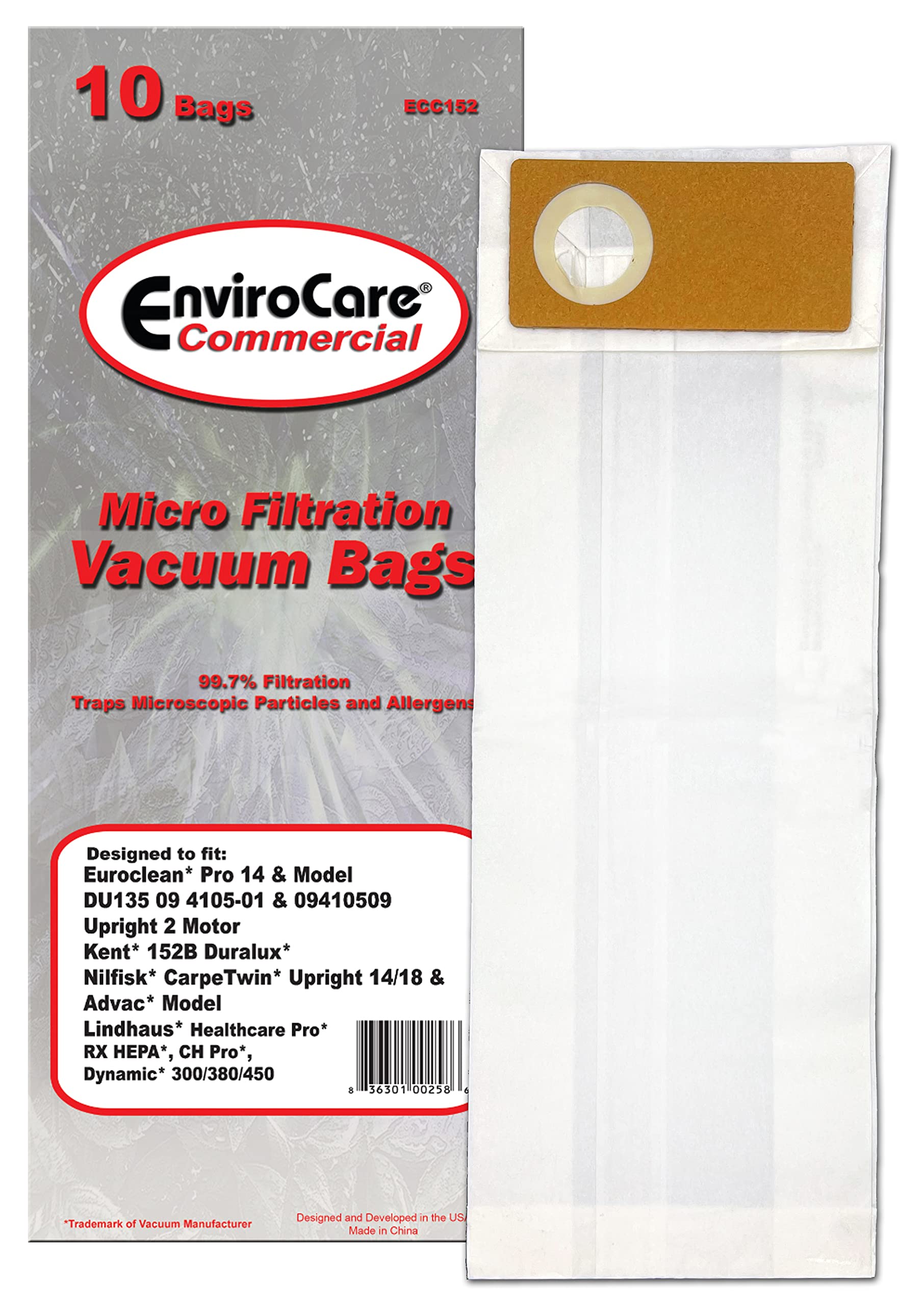 EnviroCare Premium Vacuum Cleaner Bags - 10 Pack | Compatible with Euroclean Pro, Kent, Nilfisk, Advac & Lindhaus Upright Vacuums | HEPA Filtration | Ideal for Home Cleaning, Pet Hair Removal & Allergen Reduction