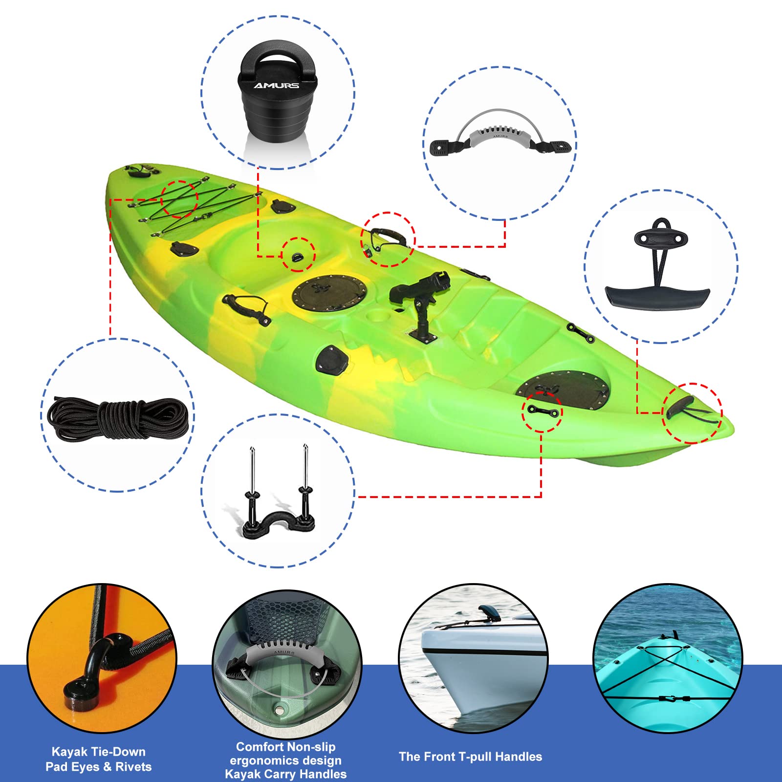 **Kayak Carry Handles with 8ft Bungee Cord & T-Handle – Durable Kayak Accessories for Easy Transport – Replacement Scupper Plugs & Tri-Grip Rivet Pad Eyes Kit – Fits Lifetime, Ocean, Emotion Canoes & Boats – Perfect for Kayaking, Fishing & Water Sports**