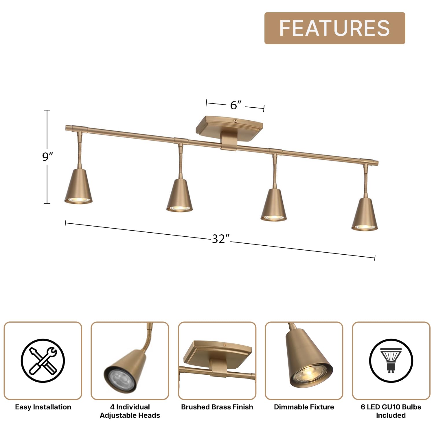 Modern LED 4-Light Track Lighting System - 32 Inch Brushed Brass with 4 GU10 Bulbs Included - Adjustable Directional Ceiling Light for Kitchen, Living Room Wall & Spotlight Fixtures - Perfect for Home, Office & Retail Spaces