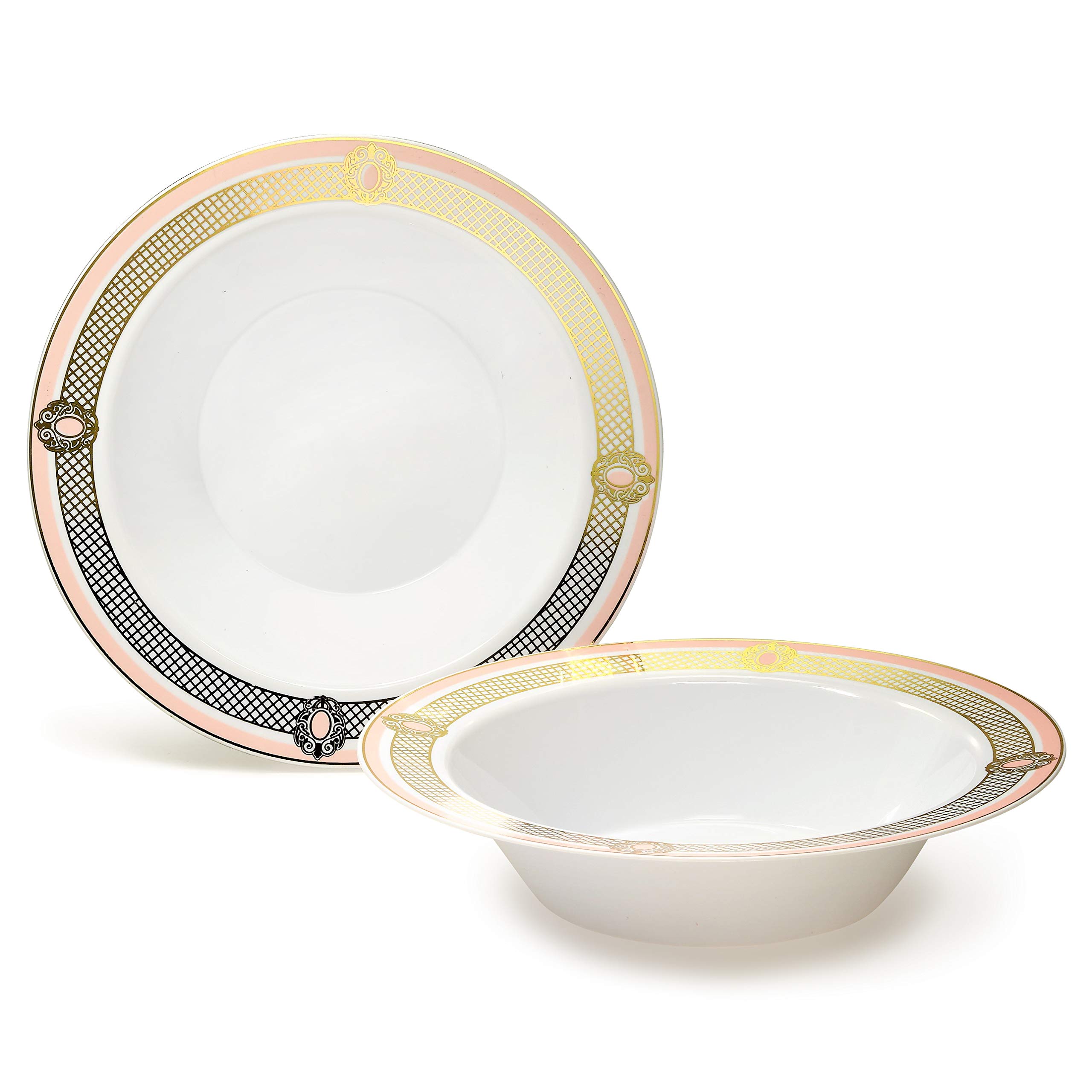 120-Piece Disposable Plastic Bowls Set - 12oz Elegant Wedding & Party Soup Bowls (White/Blush & Gold) for Catering, Events & Home Entertaining