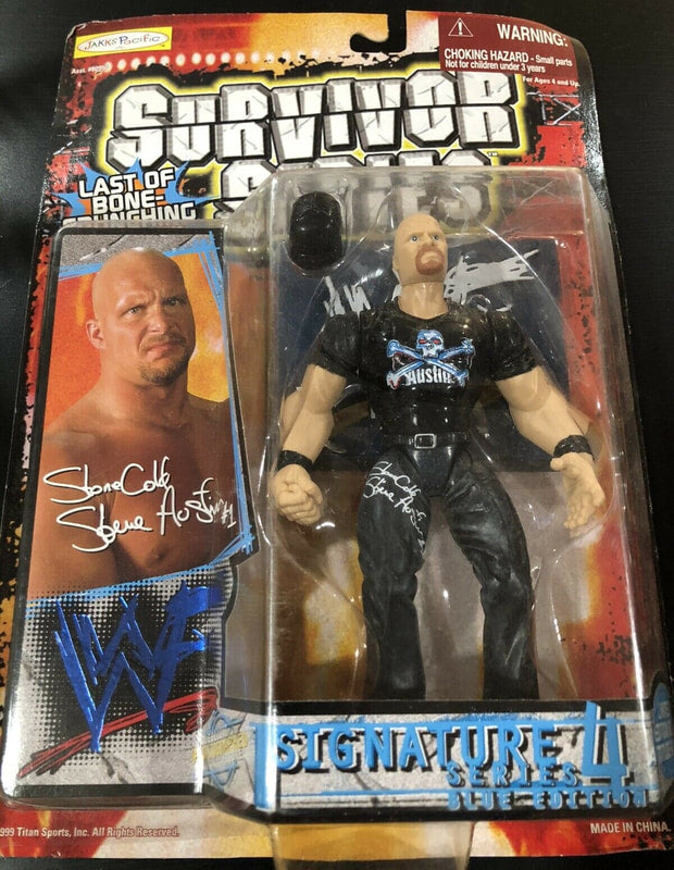 1999 WWF Jakks Pacific Signature Series 4 Blue Edition Stone Cold Steve Austin Action Figure - Limited Edition Collectible with White Signature - Perfect for WWE Memorabilia Displays & Wrestling Fan Collections