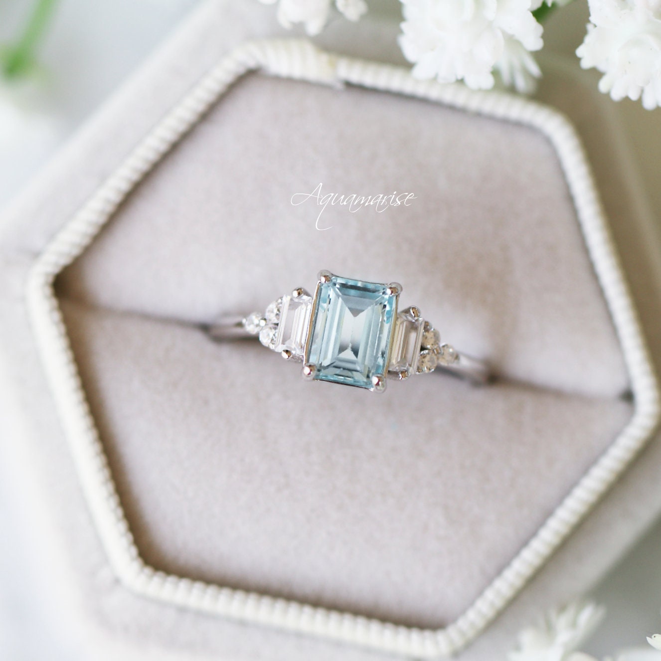 Natural Aquamarine Engagement Ring for Women - 14K White Gold Solitaire Ring, Elegant Wedding & Promise Ring for Her, Perfect for Proposals, Anniversaries & Special Occasions
