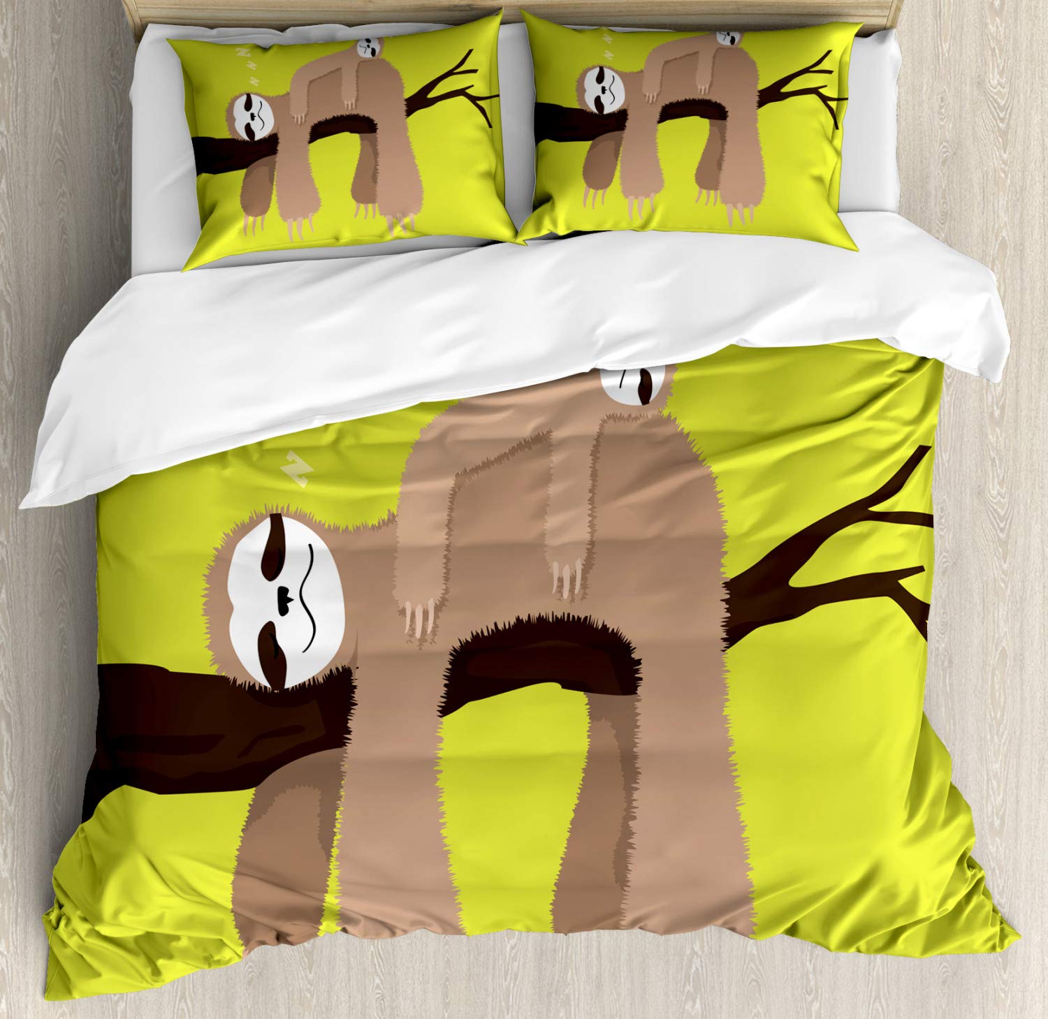 Ambesonne Sloth Duvet Cover Set - King Size 2-Piece Bedding with 4 Pillowcases, Cartoon Mother Sloth Sleeping on Branch with Baby Animal | Cozy Cocoa Apple Green Design for Kids & Adults Bedroom Decor | Perfect for Family Rooms, Guest Bedrooms & Dorm Essentials