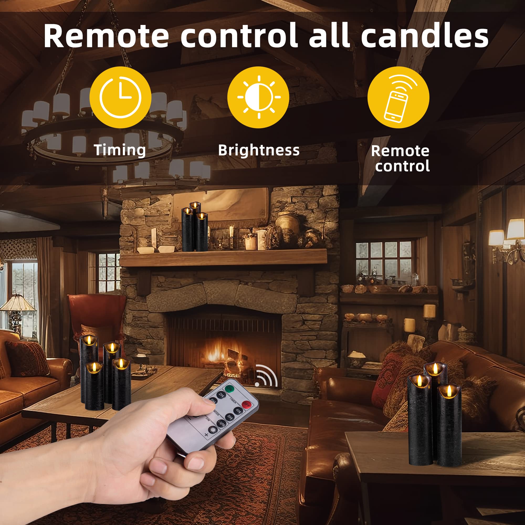 Set of 9 Black Real Wax Flameless LED Candles with Remote Control & Timer - Battery Operated Flickering Electric Candles for Wedding, Birthday, Halloween, Christmas Decorations - Perfect for Home, Party, and Holiday Ambiance