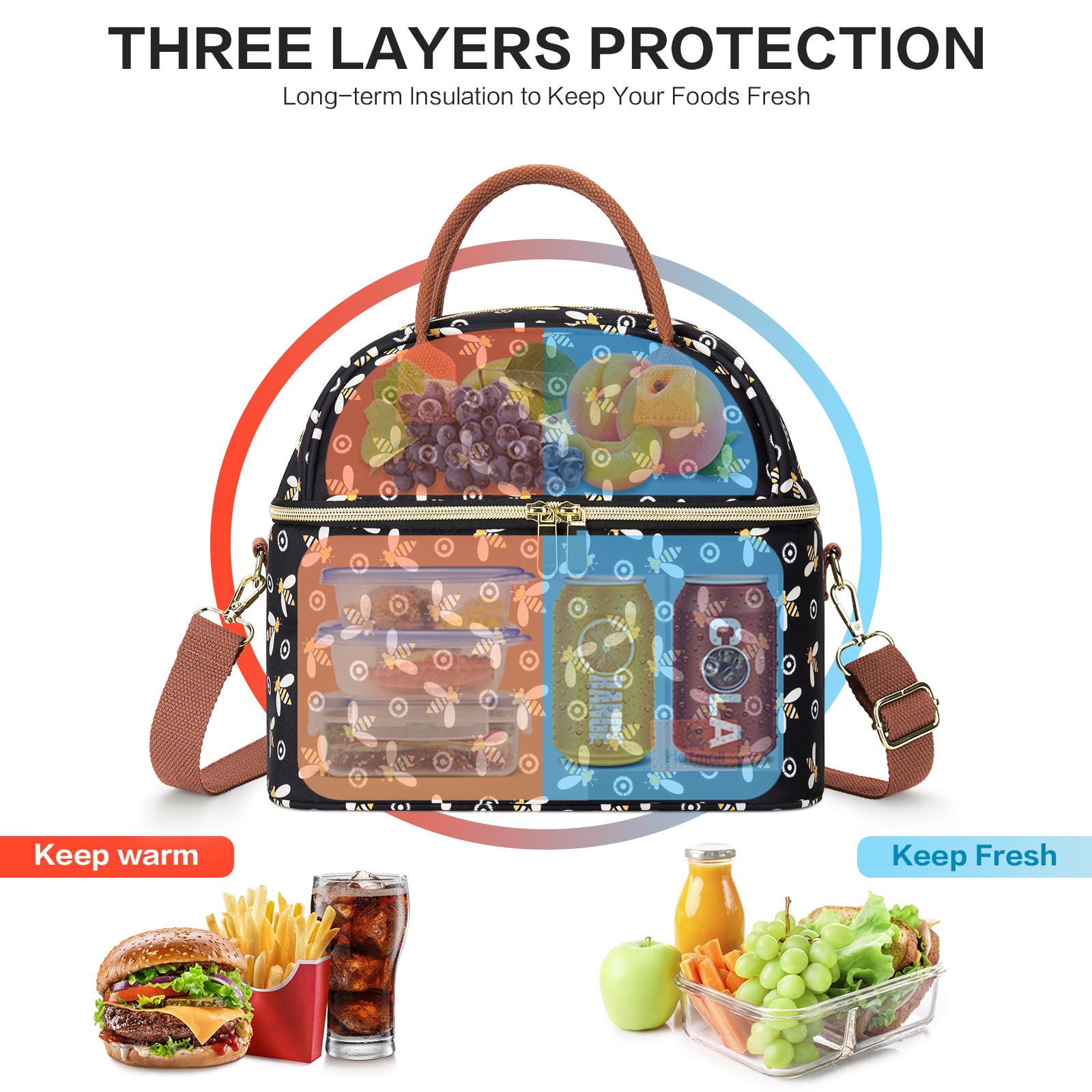 Hafmall Double Decker Insulated Lunch Bag for Women - Large Reusable Lunch Tote with Shoulder Strap, Cute Work Lunch Box for Office, School & Picnic - Bee Design | Perfect for Meal Prep, Commuting & Outdoor Activities