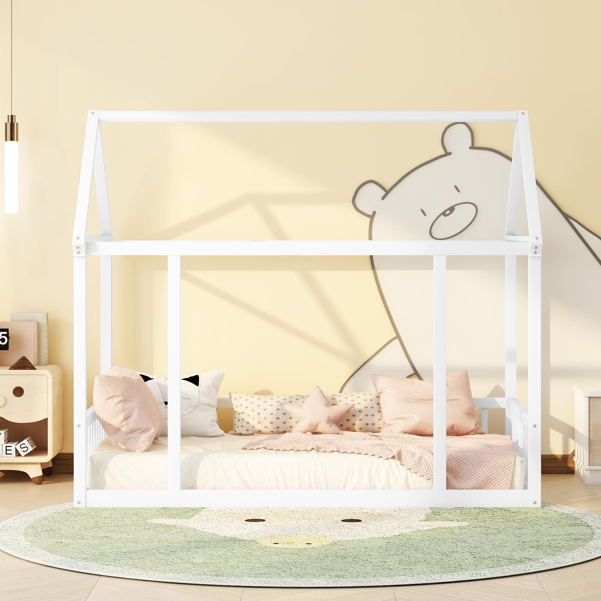 Bellemave Twin Size Wooden House Floor Bed for Kids - Montessori Bed Frame with Safety Fence, Playhouse Design for Boys & Girls - Perfect for Bedrooms, Playrooms & Montessori Learning Spaces (White)