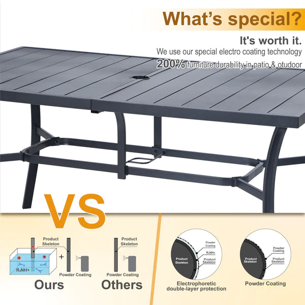 PHI VILLA 8-Piece Outdoor Patio Dining Set with 13-Foot Umbrella - Large Rectangle Metal Table & Weather-Resistant Cushioned Rattan Chairs - Perfect for Backyard, Garden, Poolside & Terrace Entertaining