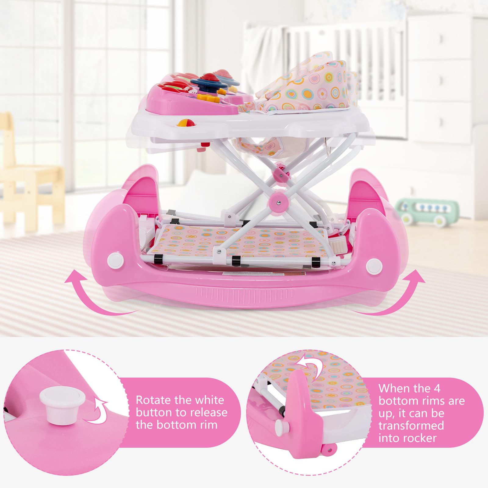 INFANS 5-in-1 Baby Walker for Toddlers - Adjustable Height Learning Walker with Removable Music Tray, Washable Seat Cushion & Foldable Design - Safe Rocker Bouncer Activity Center for Boys & Girls (Pink) - Perfect for Home Playtime & Early Childhood Development