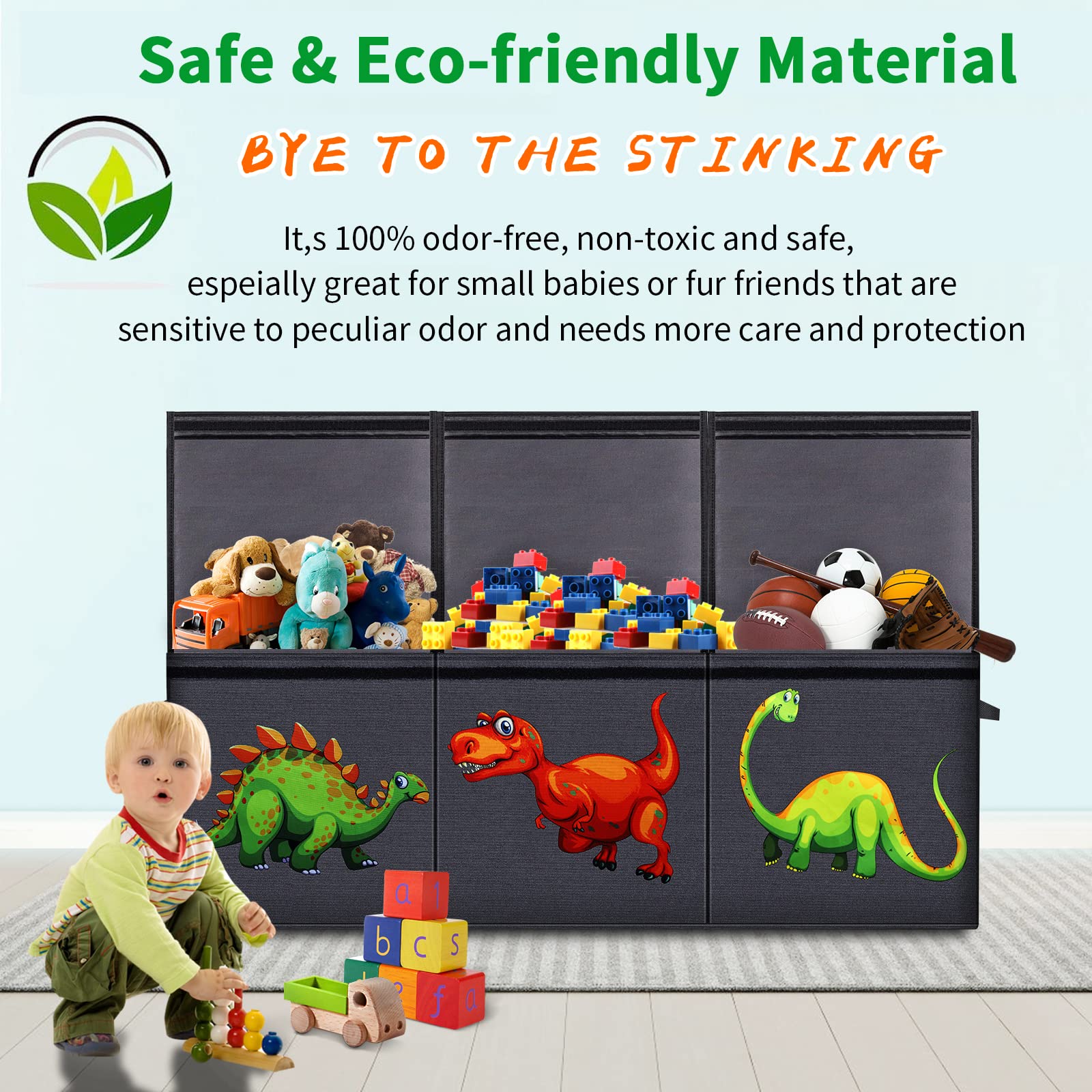 Dinosaur Toy Storage Box for Kids - Large Collapsible Toy Chest with Lid, Sturdy Organizer for Boys & Girls, Nursery, Playroom, Closet - 40.6