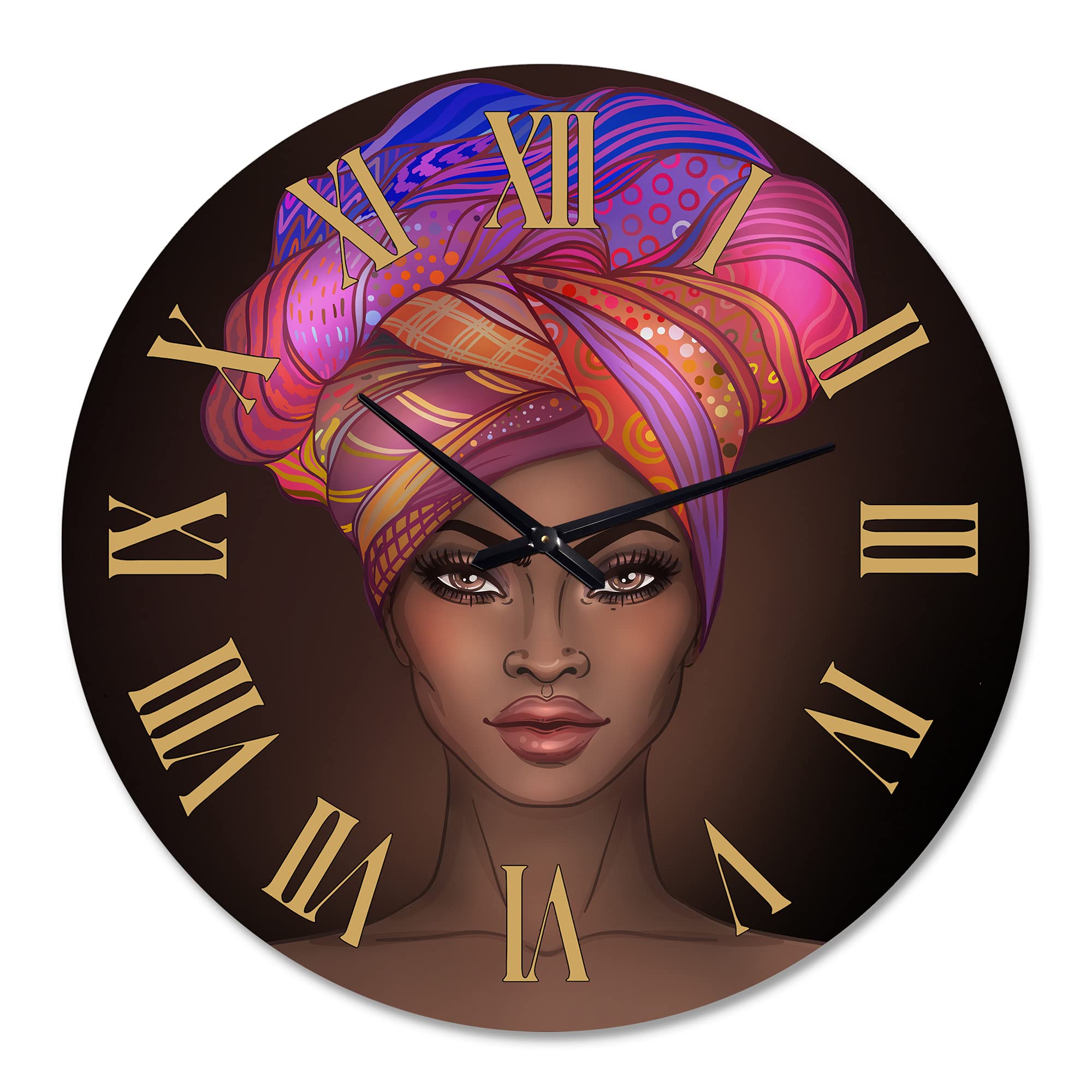 DesignQ Modern Wall Clock - African American Woman with Turban VI - Large Decorative Wall Clock for Living Room, Bedroom & Office - Unique Home Decor Gift Idea