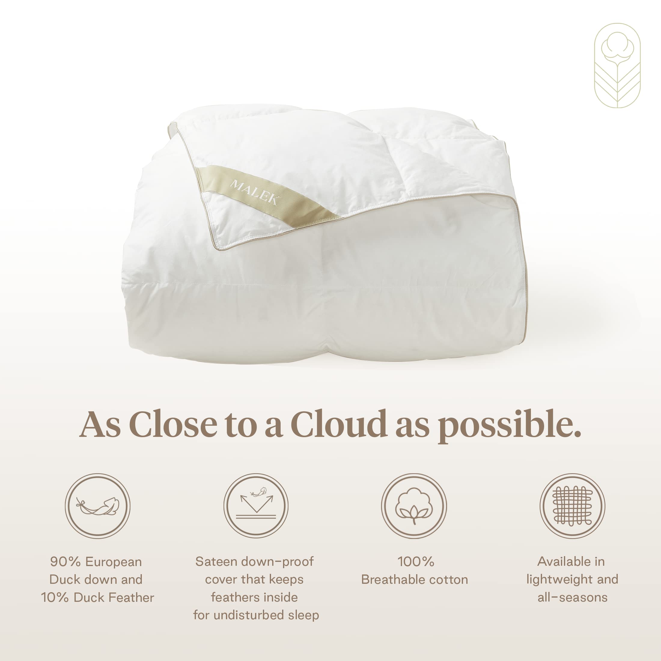 Premium MALEK Supreme Queen Size Lightweight Down Comforter - 750-760 Fill Power European Duck Down - 90% Down 10% Feathers - Warm & Cozy Duvet for All Seasons - Perfect for Bedroom, Guest Room & Winter Nights