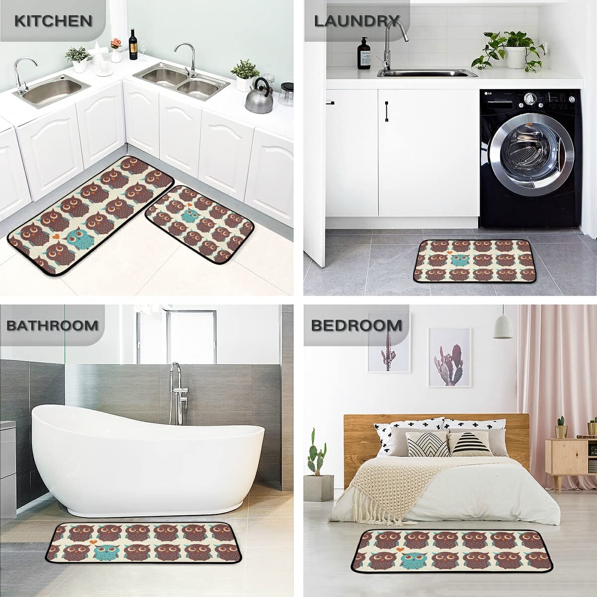 Emelivor Owl Kitchen Rugs and Mats Set - 2 Piece Non-Slip Washable Runner Rug for Kitchen Floor, Home, Sink, Laundry & Office - Perfect for Adding Style & Safety to Your Kitchen Decor