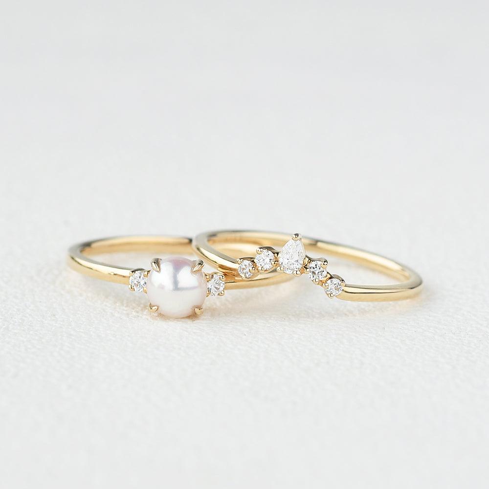 Luxury 2-Piece Akoya Pearl & Moissanite Yellow Gold Ring Set for Women - Perfect for Weddings, Anniversaries & Special Occasions