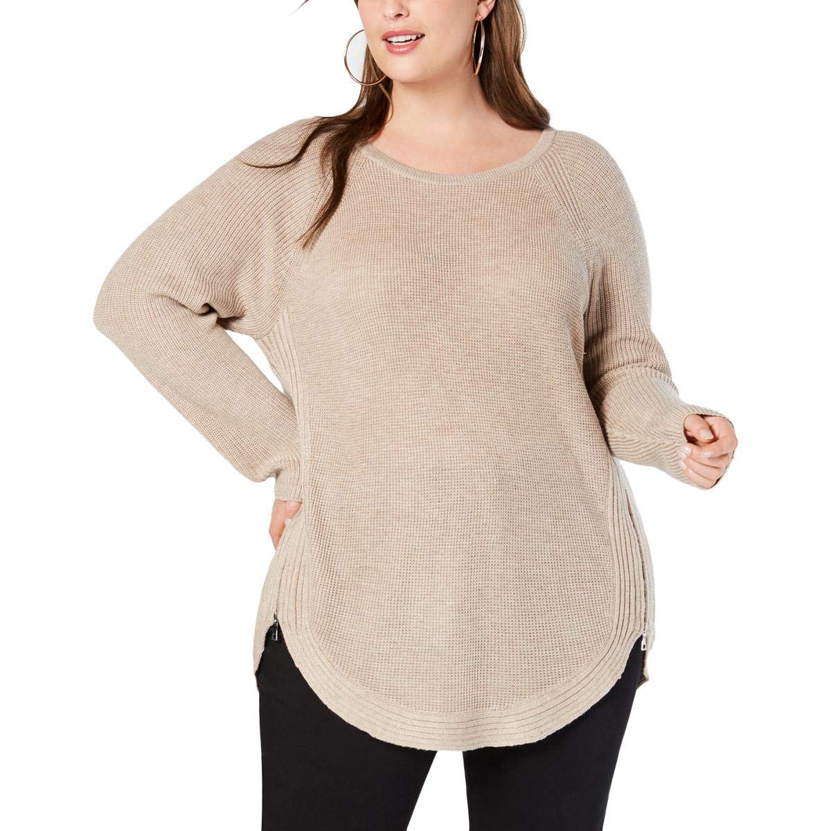 INC Women's Plus Size Zipper Trim Waffle Knit Long Sleeve Pullover Sweater - Cozy Winter Casual Wear for Work & Weekend Outfits