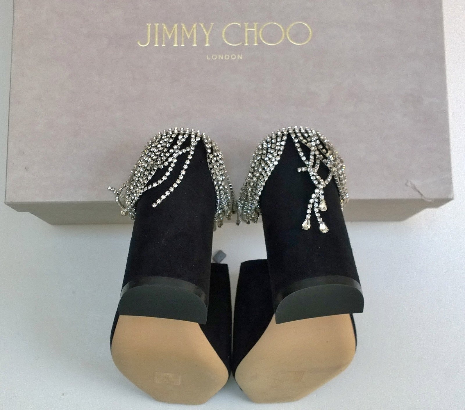 Jimmy Choo Baia 100 Black Suede Rhinestone Mules Heels Sandals for Women | Luxury Evening Party Wedding Shoes | Perfect for Cocktail Dresses & Special Occasions