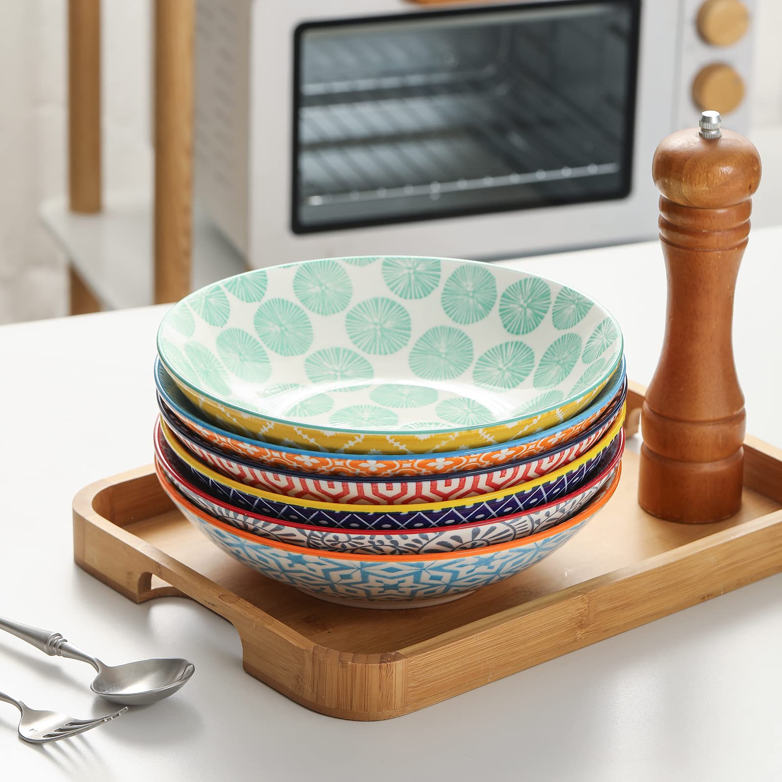 Selamica 40oz Porcelain Pasta Bowls - Set of 6 Large 9-Inch Microwave & Oven Safe Salad Serving Bowls in Vibrant Colors - Perfect for Family Dinners, Entertaining & Meal Prep
