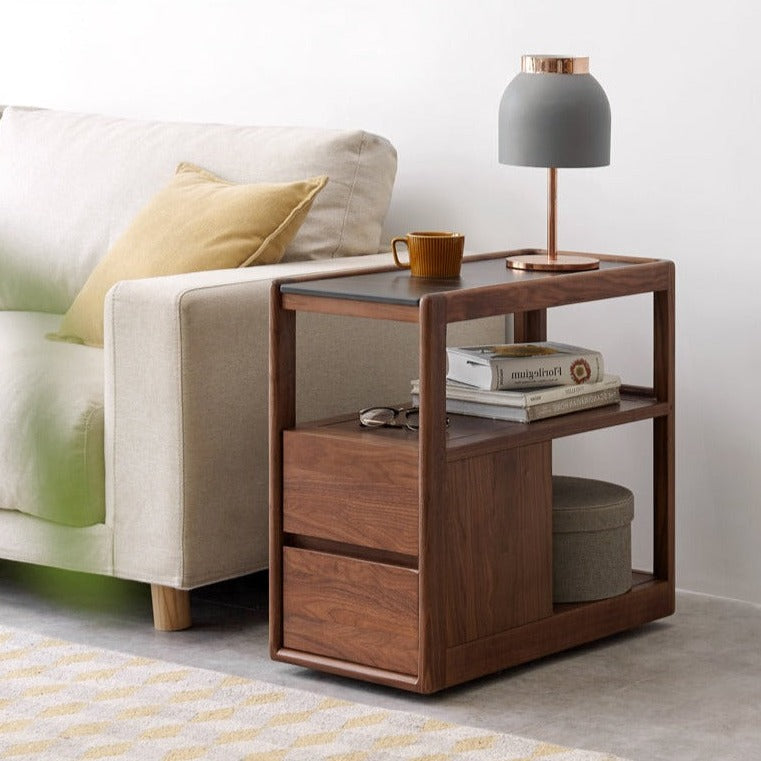 Solid Black Walnut Wood Side Table with Natural Slate Top - Perfect for Living Room, Bedroom, or Office Decor