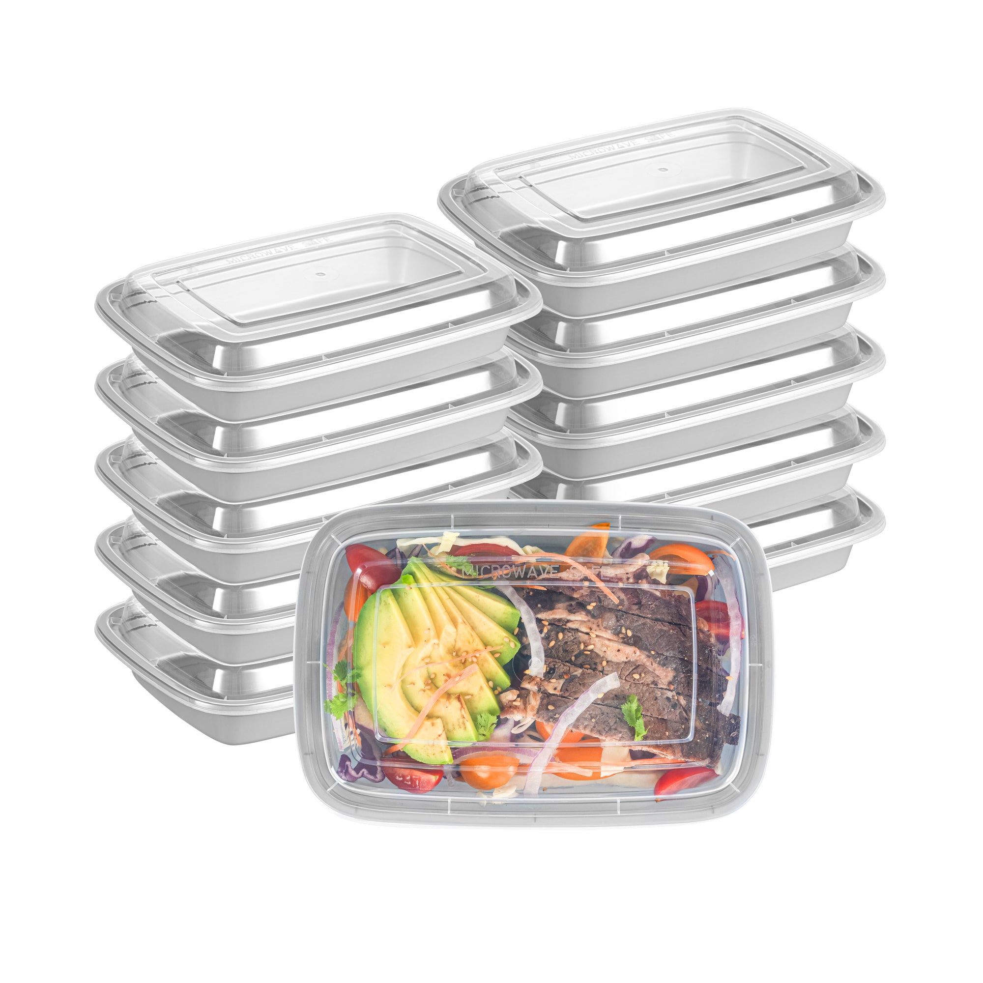 16 oz Rectangle Silver Plastic To Go Containers with Clear Lids - 100 Pack | Microwave Safe | 7.75